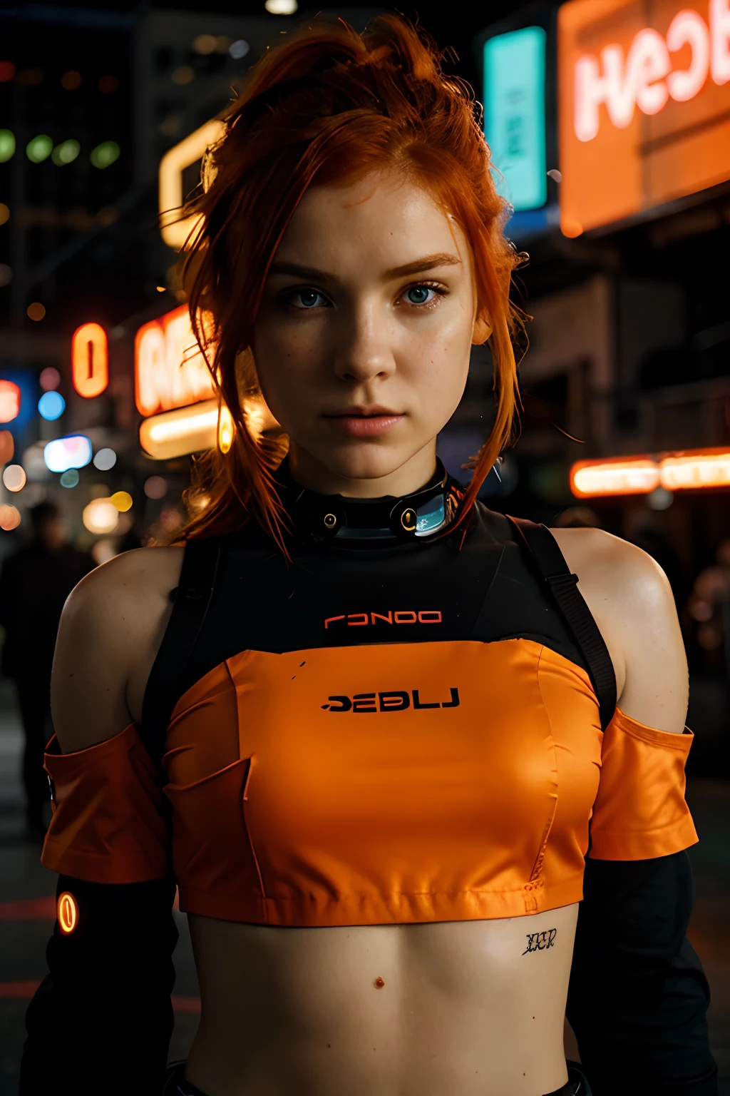 A Photograph capturing the essence of a young cyborg woman with fiery red hair. Her face fills the frame, bathed in neon hues, exuding determination and mystery amidst a futuristic backdrop., undefined