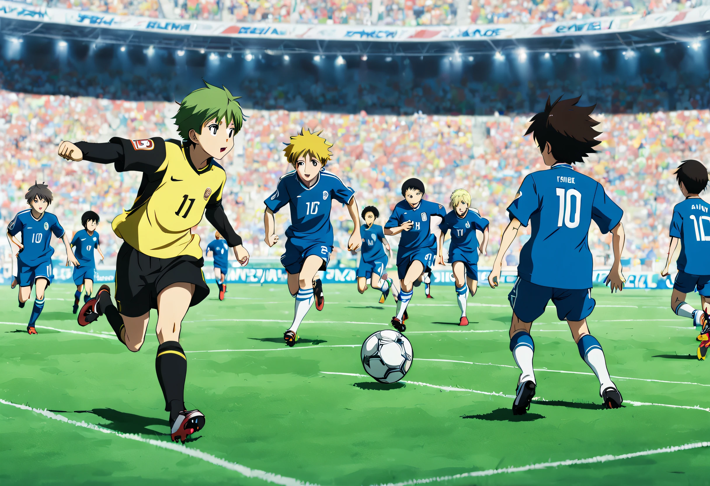 still image of an animated soccer match, anime characters playing soccer on a field with a crowd, Oliver and Benji television anime series, official art, official studio anime image, anime movie screenshot,