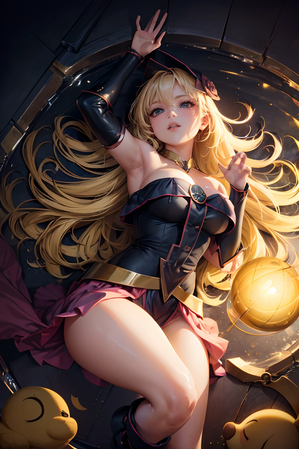 (Obra maestra:1.2), (La mejor calidad:1.2), Perfect lighting, Chica Maga Oscura lanzando un hechizo, flotando en el aire, tetas grandes, escote, fondo de magia, desde arriba, Destellos de luz. Pose sejustiva y sexy. Fondo  de paisaje chino