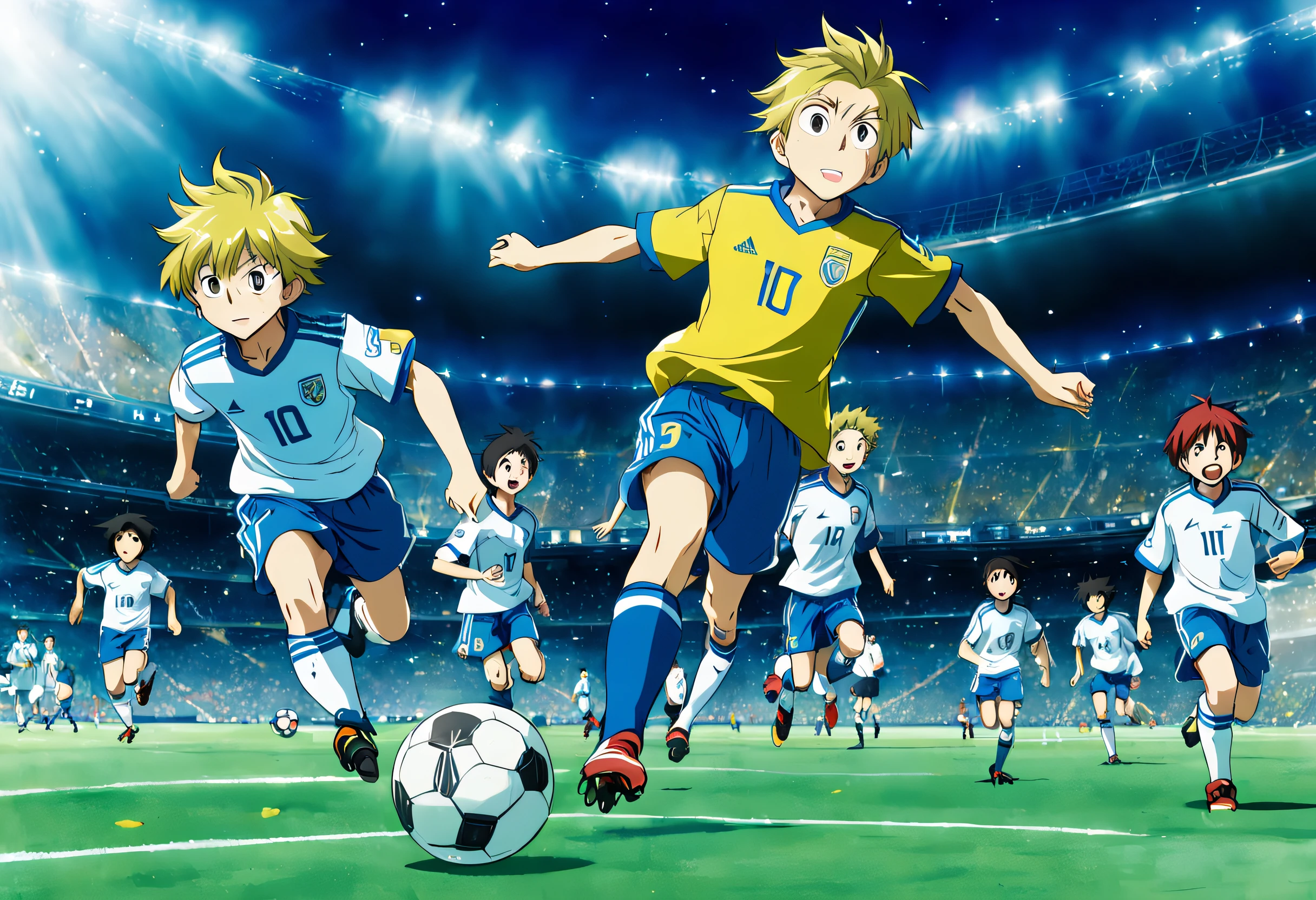 still image of an animated soccer match, anime characters playing soccer on a field with a crowd, Oliver and Benji television anime series, official art, official studio anime image, anime movie screenshot,