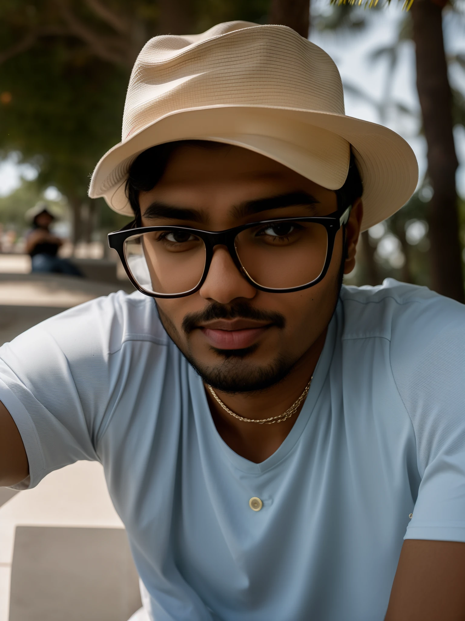 There's a man in glasses and a hat sitting on a bench, com rosto preciso, Jayison Devadas, 2 7 anos, 2 8 anos, john jude palencar, ramil sunga, Fotografia selfie 8k, Mohamed Chahin, 2 3 anos, sem barba, Where is the, 2 9 anos, foto selfie