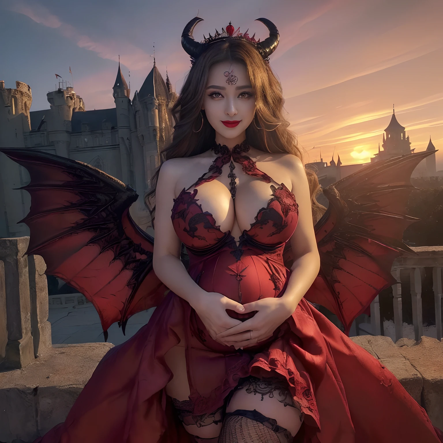 ((eyes glowing red,Glowing red eyes,Glowing red eyes)),((A very beautiful demon queen,Pregnancy,Slightly bulging belly,Wings with the most realistic and intricate textures,The most detailed and intricate wing textures,Luxurious long dresses,The background is a complex and detailed castle exterior,Giant Devil Tiara,Big Princess Dresses,Final form as a complete demon,The Devil's Masterpiece,Frightening giant wings,Huge and intricate demon wings,Big Devil's Horn,Realistic and big horns,Creepy horns,Wings with a very elaborate texture,Wings with a very complex texture,Creature wings with a very realistic texture,Wings of a terrifying monster,The most intricate and luxurious gothic black dress,Bright red lipstick, The most gorgeous princesses dress up with achievements,The most beautiful princesses in the world,Spooky and beautiful demons,The cutest face,Intricate and solemn black dress,Evil and beautiful demon,The most majestic appearance of the Demon Queen,Huge Queen Tiara,The most complex depictions of demons,Accurate reproduction of perfect demonic details,The appearance of an unimaginably gorgeous demon,The unimaginably huge and beautiful appearance of the demon,Complex medieval European castle in the background,The most intricate and detailed castle appearance,The perfect castle,With the sunset and the castle in the background,Castle dyed in the sunset,Fantastic sunset,Romantic sunset,spectacular movie lighting,Sparkling sunset)),((Most beautiful face,Half Japan and half Spanish,The happiest smile,Beautiful wavy hair,The most luxurious and intricate dresses,The biggest smile staring at the camera,Chest that seems to burst,A dress that tightens the waist,Slimed,Colossal tits,Emphasize body lines,Giant wings of the devil,masutepiece,8K,very intricate,ultra-detailliert))