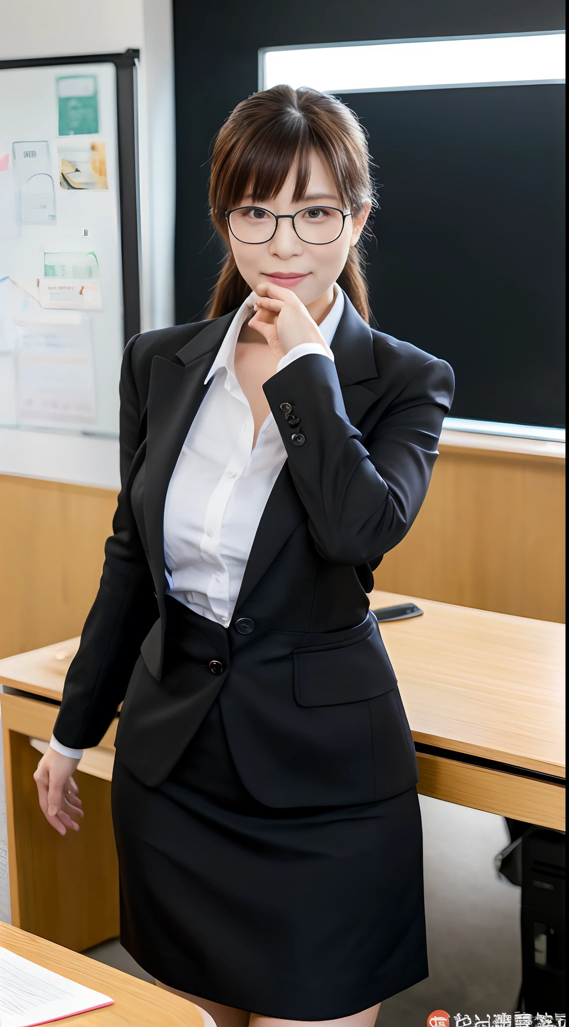 ((best quality, 8K, absurdres:1.1)), (photorealistic: 1.4), (Raw foto:1.2), japanese,women ,40 years old,BLACK Business Suit Skirt,enormous breasts, Female Teacher Glasses,Short ponytail,erect through,put hands on the hip,Inside the office