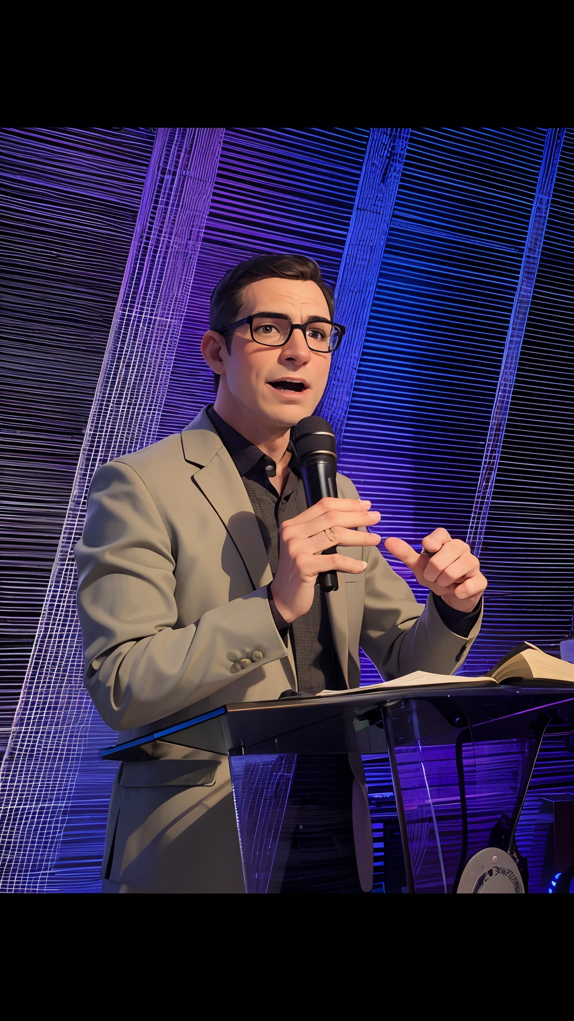 A bespectacled man standing in front of a lectern holding a microphone in his right hand