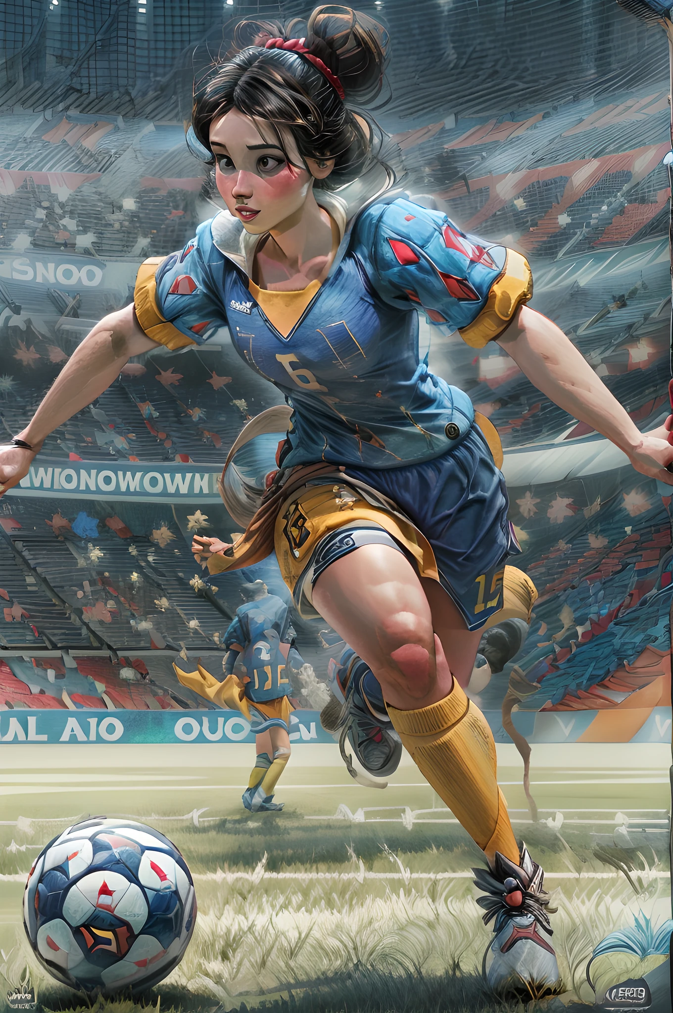 RPG art, fantasy art, a Disney Snow White is playing soccer, SnowPrincessw she wears blue and yellow uniform, black hair, hair in  a bun, she has the ball and runs towards the goal, modern soccer stadium background, high details, best quality, 16k, [ultra detailed], masterpiece, best quality, (extremely detailed), full body, ultra wide shot