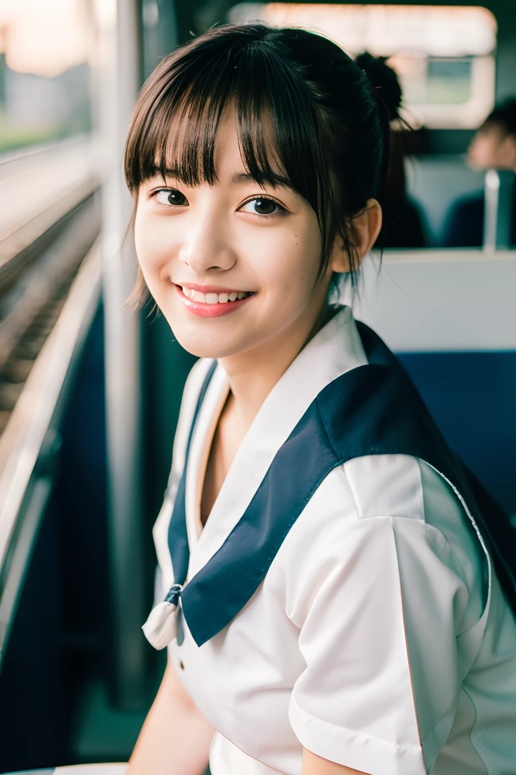 (raw, Best Quality, masutepiece:1.5), (photographrealistic, Intricate details:1.2), 超A high resolution, absurderes, 1girl in, Beautiful face, a smile,symmetrical eye, Light on Face, Front view, Short hair, Twin-tailed, (Short Student Sailor Suit:1.2), Short pleated skirt, White socks, Black shoes, medium breasts, Plump, Real skin texture, (Facing:1.2), Sitting, On the train, Shy, blush, Sunset, Bokeh, Film grain, Natural lighting, The best lighting, Detailed background, detailed shadow, Sharp Focus, Depth of field f/2,