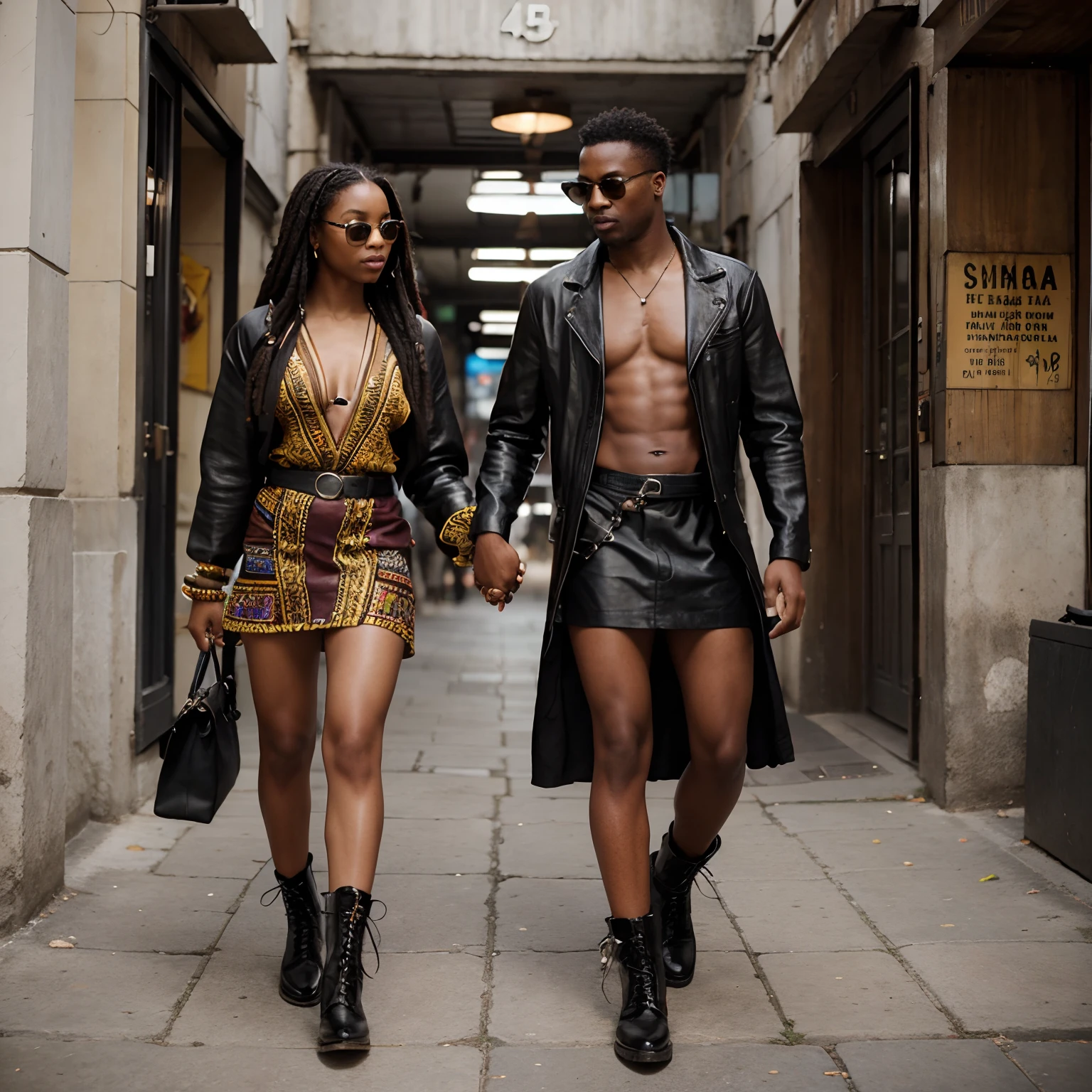 A couple holding hands in random worldwide couples dating locations. The man is a handsome dreadlock black man wearing sunglasses, a dashiki, leather utility kilt and black leather five-finger toe shoe boots. The woman is a gorgeously fit and athletically toned Vietnamese woman wearing a matching DKNY dress and custom BOOTS . photorealistic and different angle or pose. image by Fran Leibovitz. The focal points are the black leather five-finger shoe boots and outfits. The color of the dashiki, leather kilt and DKNY is randomly chosen and matching.