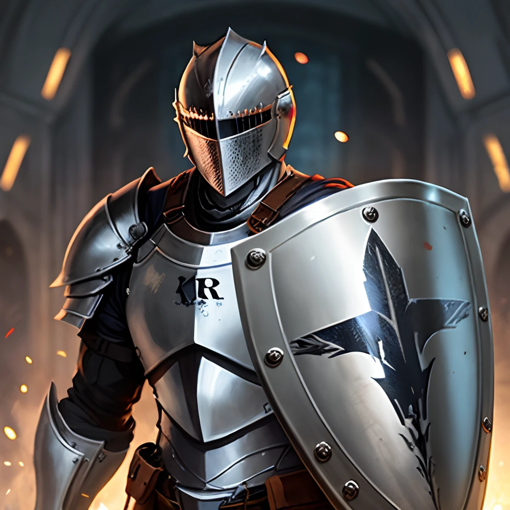 Knight with a metal suit with the letters k and r engraved onto his suit. He is holding a metal shield.