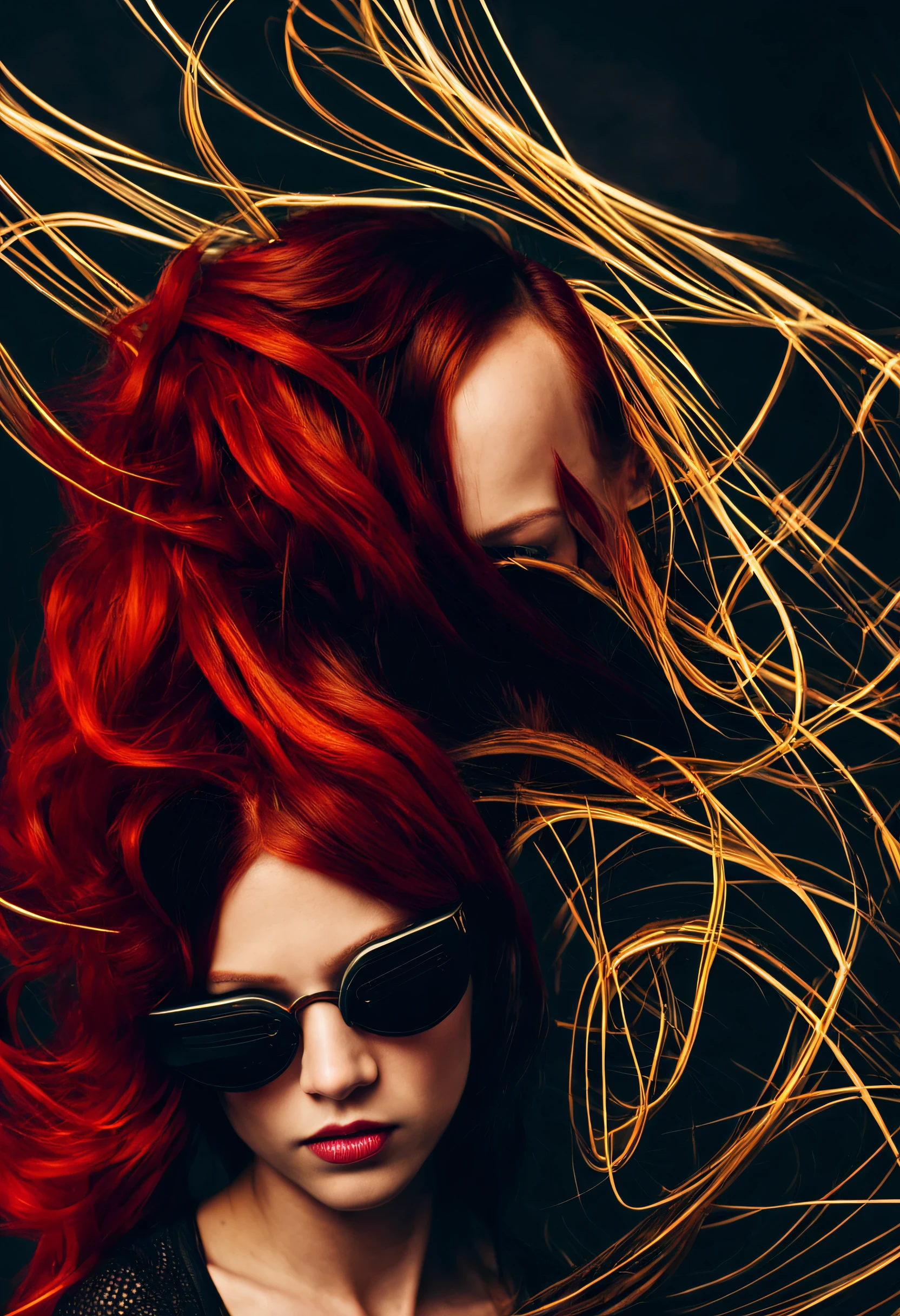 A Photograph capturing the essence of a young cyborg woman with fiery red hair. Her face fills the frame, bathed in neon hues, exuding determination and mystery amidst a futuristic backdrop., undefined