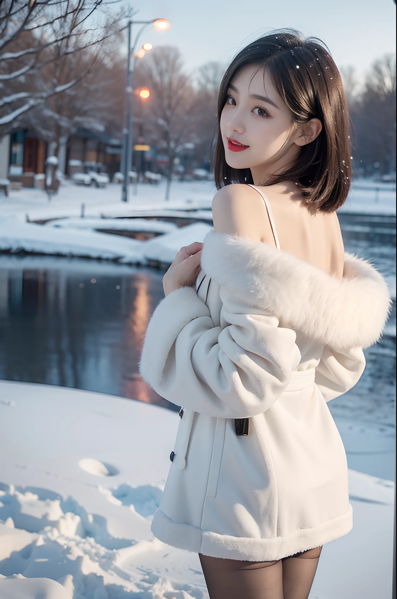 best quality, 4k, 8k, Detailed face, clear face, a pretty girl, Korean makeup, Red lips,laugh, perfect body,shoulder length straight bob hair,big watery eyes,small breasts,thigh,slim,thin, The girl wears a wide white mink fur coat, Underneath the jacket was white sweater and pantyhose, Snowscape, winter, snow town,from back