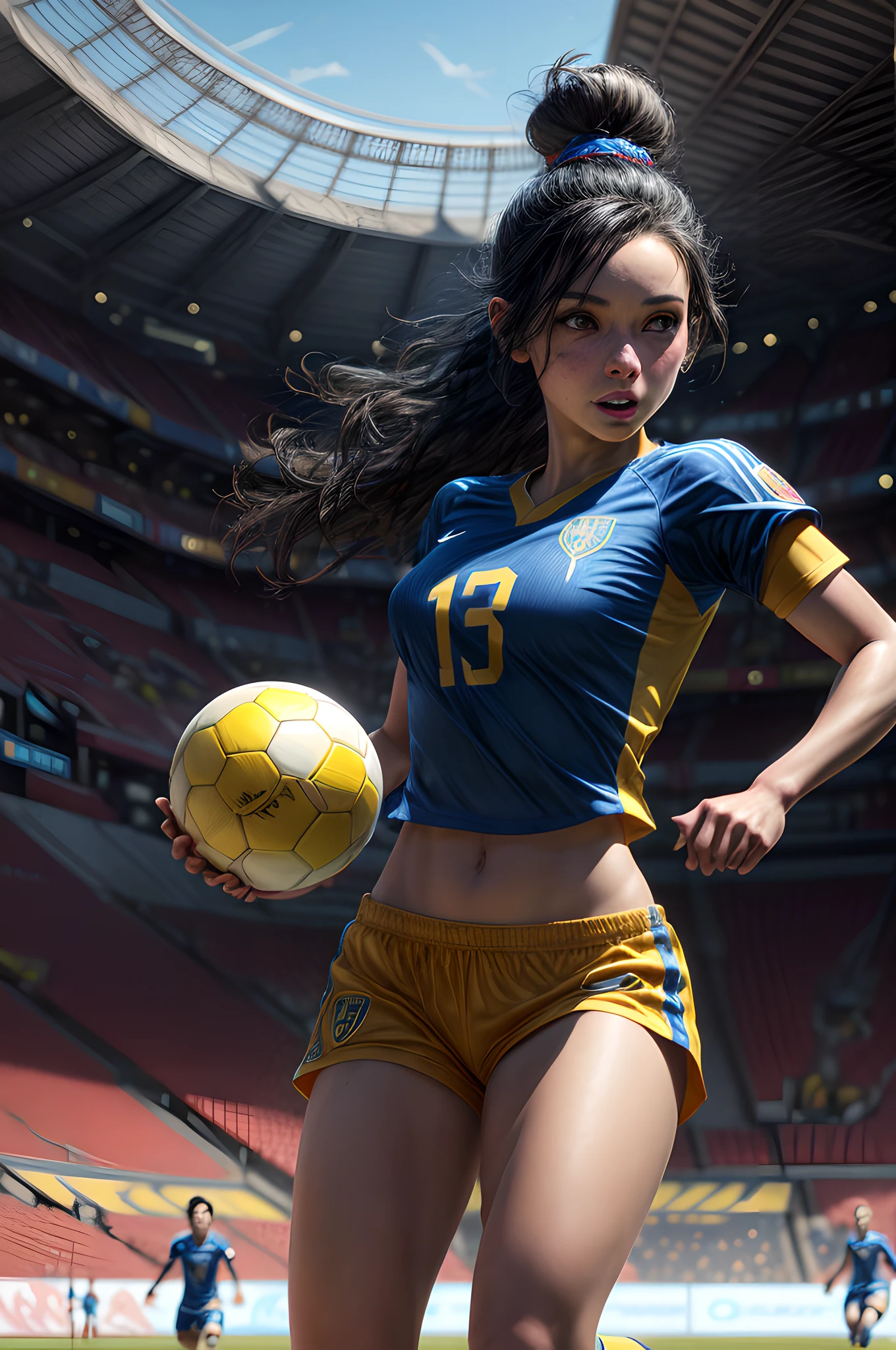 RPG art, fantasy art, a Disney Snow White is playing soccer, SnowPrincessw rhe wears blue and yellow uniform, black hair, hair in  a bun, she has the ball and runs towards the goal, modern soccer stadium background, best quality, 16k, [ultra detailed], masterpiece, best quality, (extremely detailed), full body, ultra wide shot