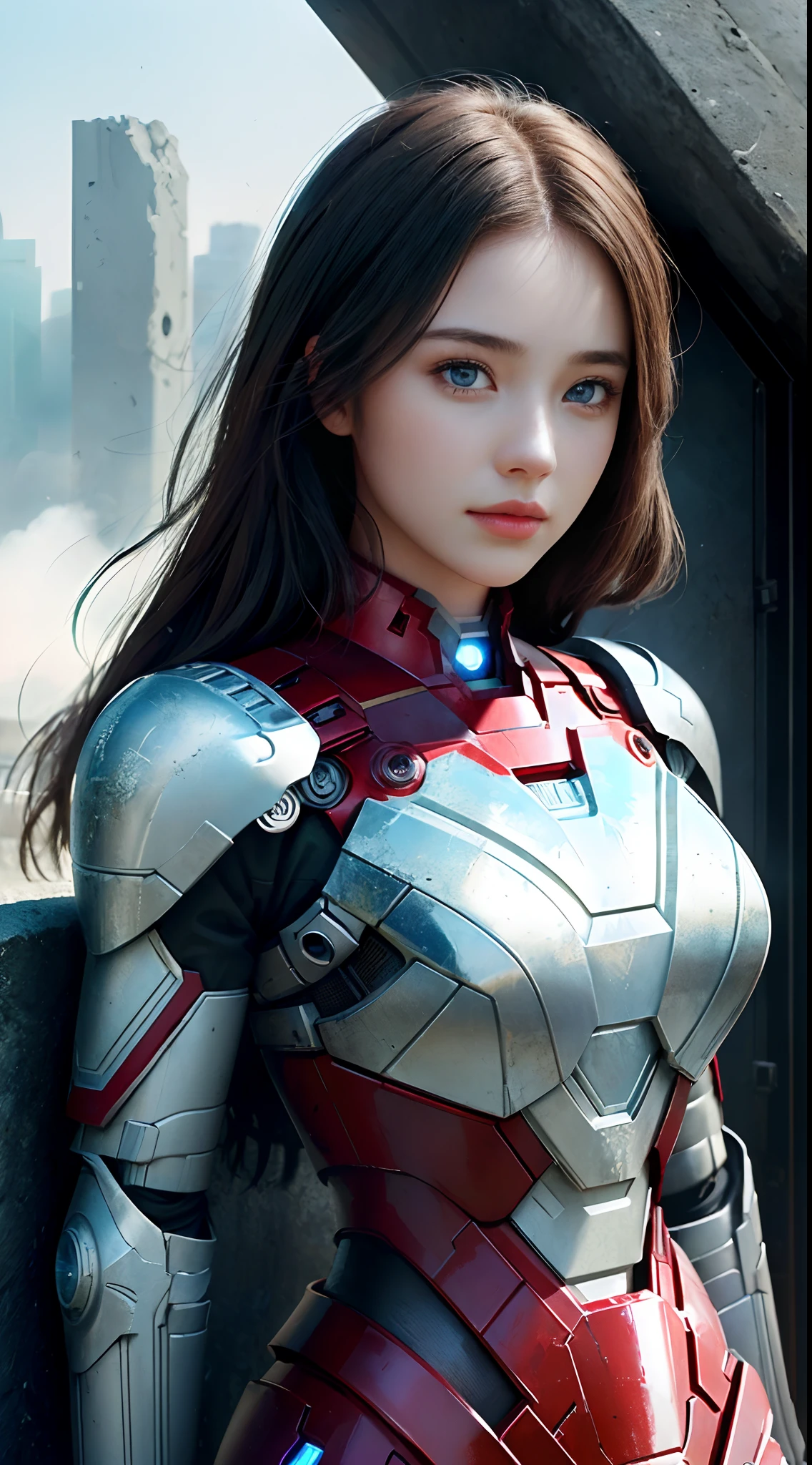 (1girl:1.3), Solo, (((Very detailed face)))), ((Very detailed eyes and face)))), Beautiful detail eyes, Body parts__, Official art, Unified 8k wallpaper, Super detailed, beautiful and beautiful, beautiful, masterpiece, best quality, original, masterpiece, super fine photo, best quality, super high resolution, realistic realism, sunlight, full body portrait, amazing beauty, dynamic pose, delicate face, vibrant eyes, (from the front), She wears an Iron Man suit, red and black color scheme, war armor, very detailed war ruins background, detailed face, detailed complex busy background, messy, gorgeous, milky white, highly detailed skin, realistic skin details, visible pores, clear focus, volumetric fog, 8k uhd, DSLR, high quality, film grain, fair skin, photo realism, lomography, futuristic dystopian megalopolis, seen from below, translucent