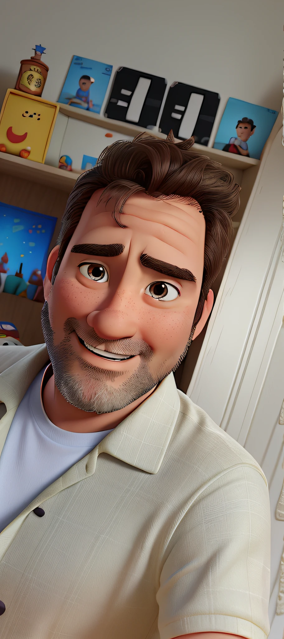a Disney Pixar poster style with a man of 30 years old in a birthday party with a lot of friends and a cake