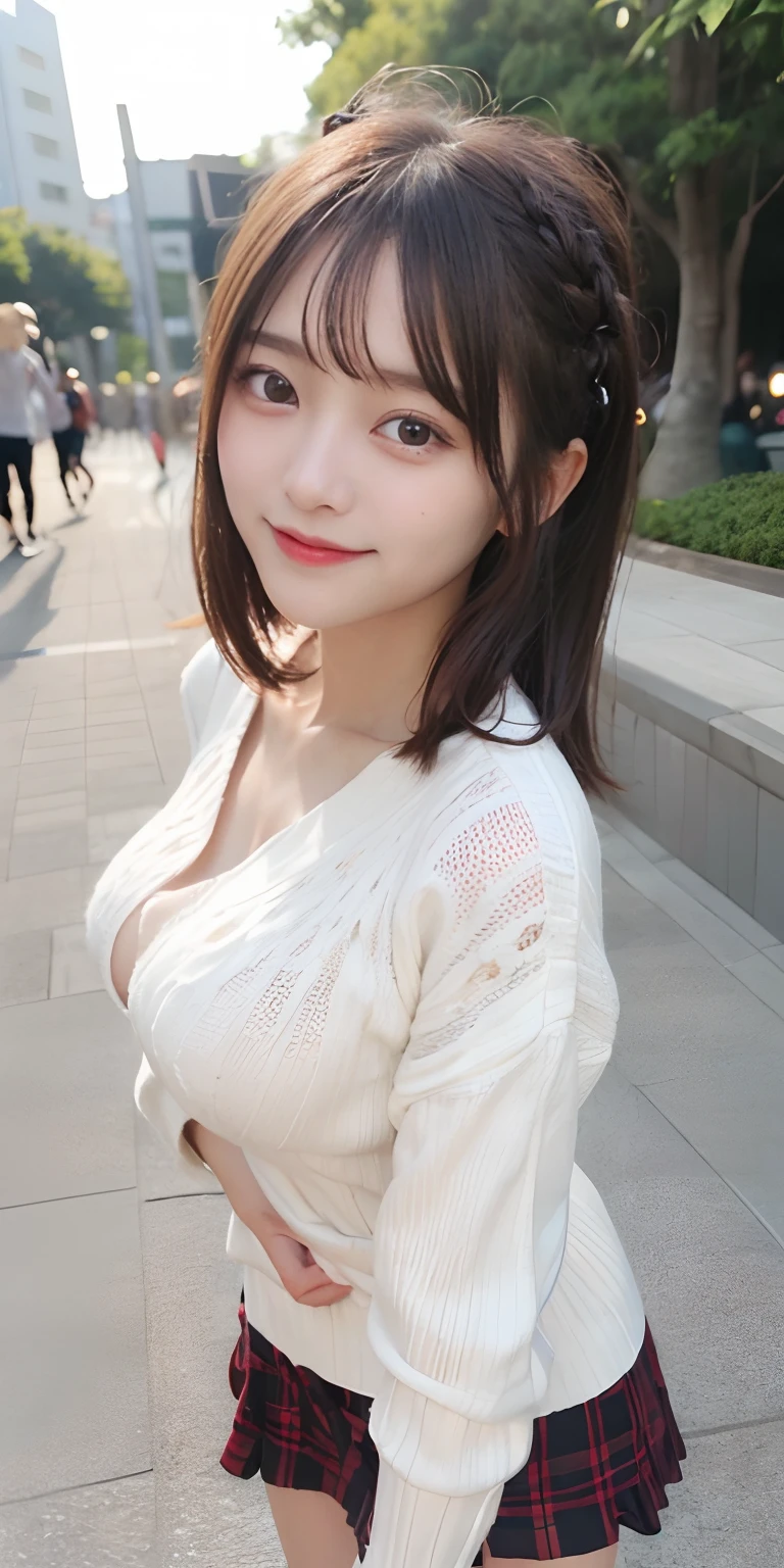 masutepiece, Best Quality,
Ultra-detailed, finely detail, hight resolution, in 8K,
((Photorealsitic:1.4, Raw photography, 超A high resolution,Top image quality: 1.4)),
Wallpaper,
((Perfect whole body configuration1.5)),
Beautiful detailed eyes, Natural Color Lip,
((a serene smile:1.5)),
((Random and cute hairstyles)),
((large full breasts、The chest is wide open:1.2)),
((from the front side:1.5)),
((breastsout、under look eyes、breastsout、Mole on the arm:0.9)),
((Random blurry background)),((the setting sun)),((Colored leaves)),
((Random and cute facial expressions)),,
very detailed and professional lighting、
Perfect dynamic composition, Beautiful detailed eyes,((bending forward:1.5)), ((turtle necked sweater:1.6)),((micromini skirt:1,5)),((Smile,Harajuku)),((Sexy shot looking at camera))