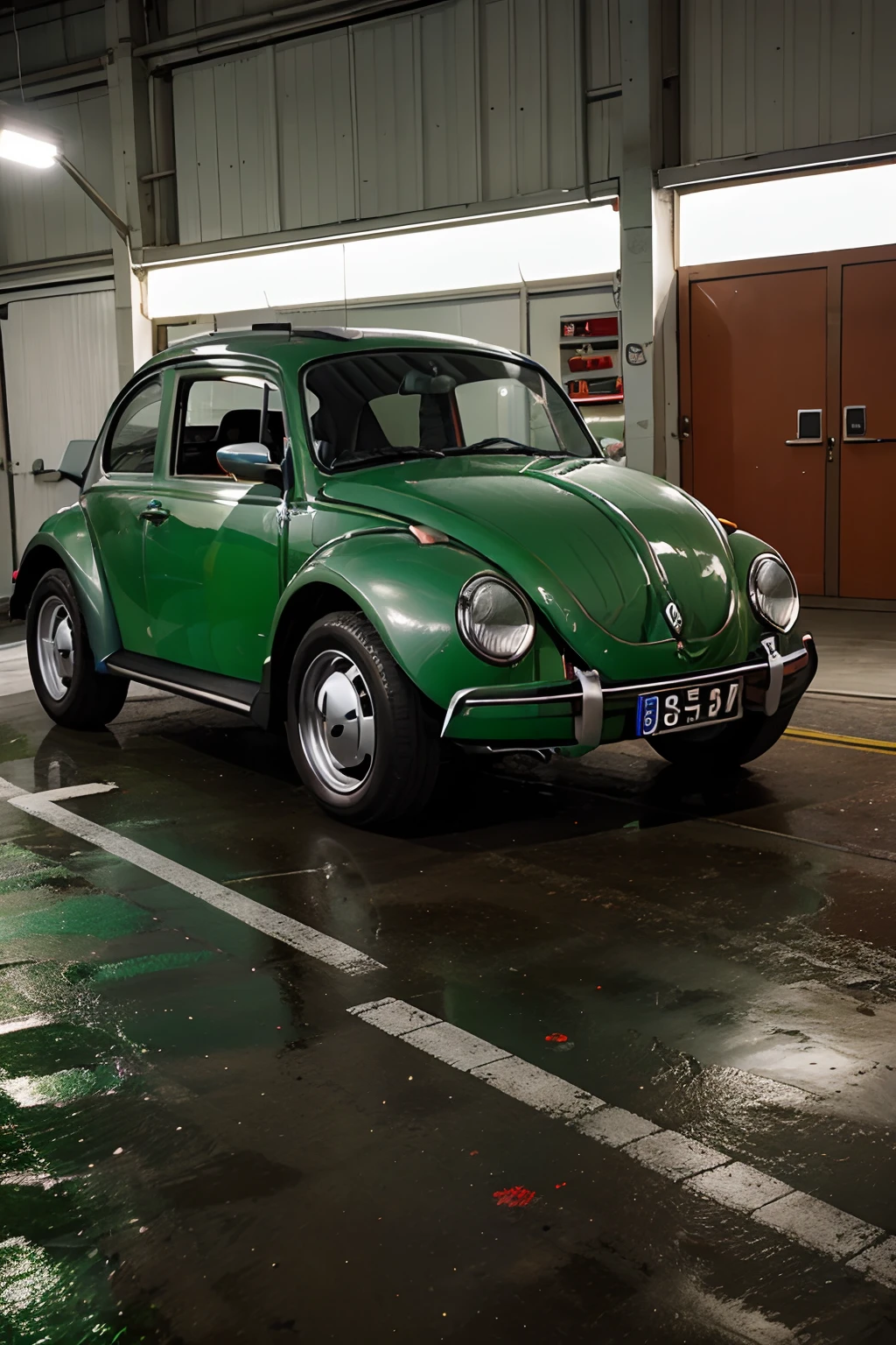 Draw a picture of a green VW Beetle with a red seven-pointed star drawn on the front hood. No interior do Fusca, add tech LED lights and a flux capacitor.