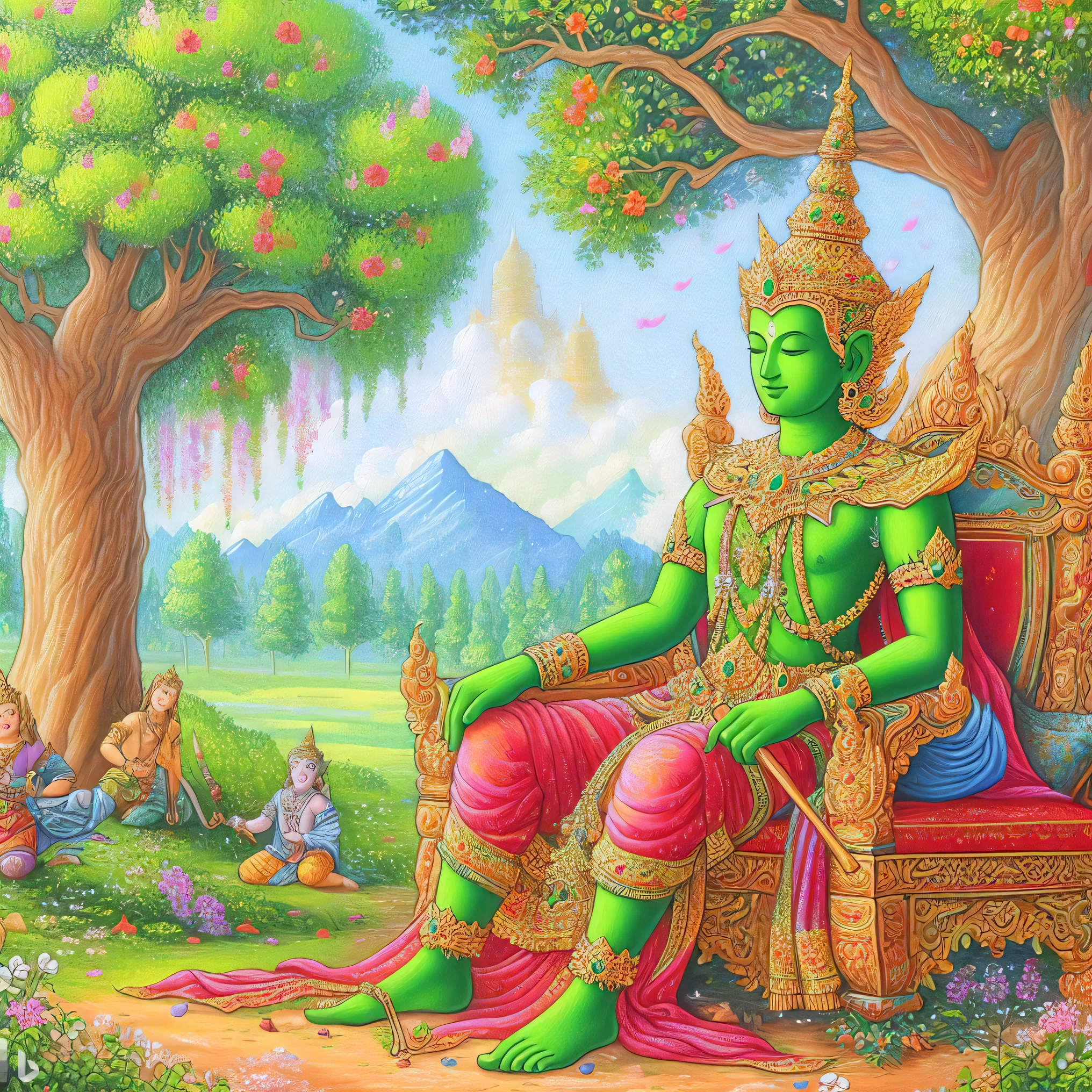 a painting of a green man sitting on a red chair, from ramayan, thailand art, kuntilanak on bayan tree, green blessing, puṣkaracūḍa, attractive male deity, beautiful image, god of nature, the non-binary deity of spring, indian god, 3 spring deities, seated in royal ease