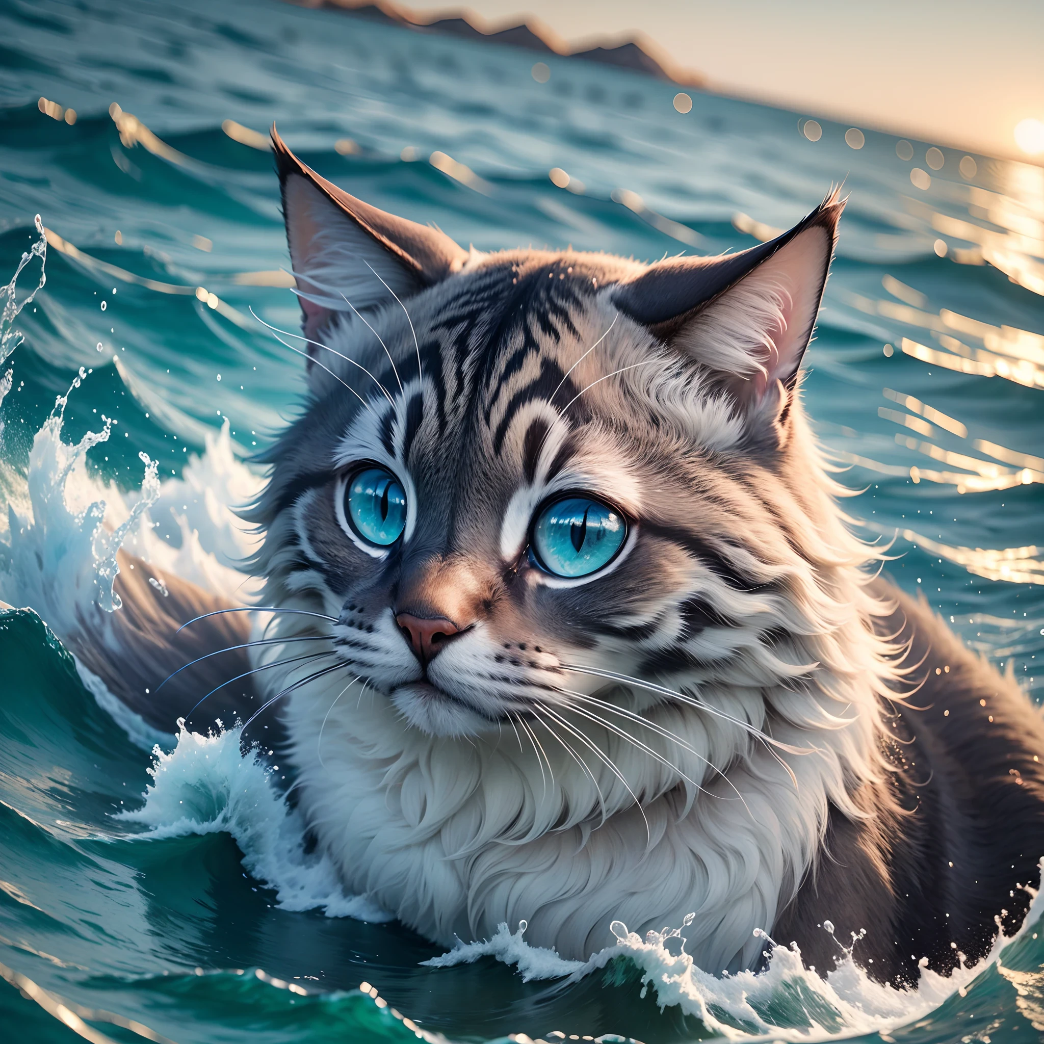 Ola en el mar con forma de gato, GATO DE AGUA, ultra realista, Atardecer, 4k, 8k, Salpicaduras de agua, Aves volando, Cielo azul, espirales de agua,-- 9:16 --auto --s2