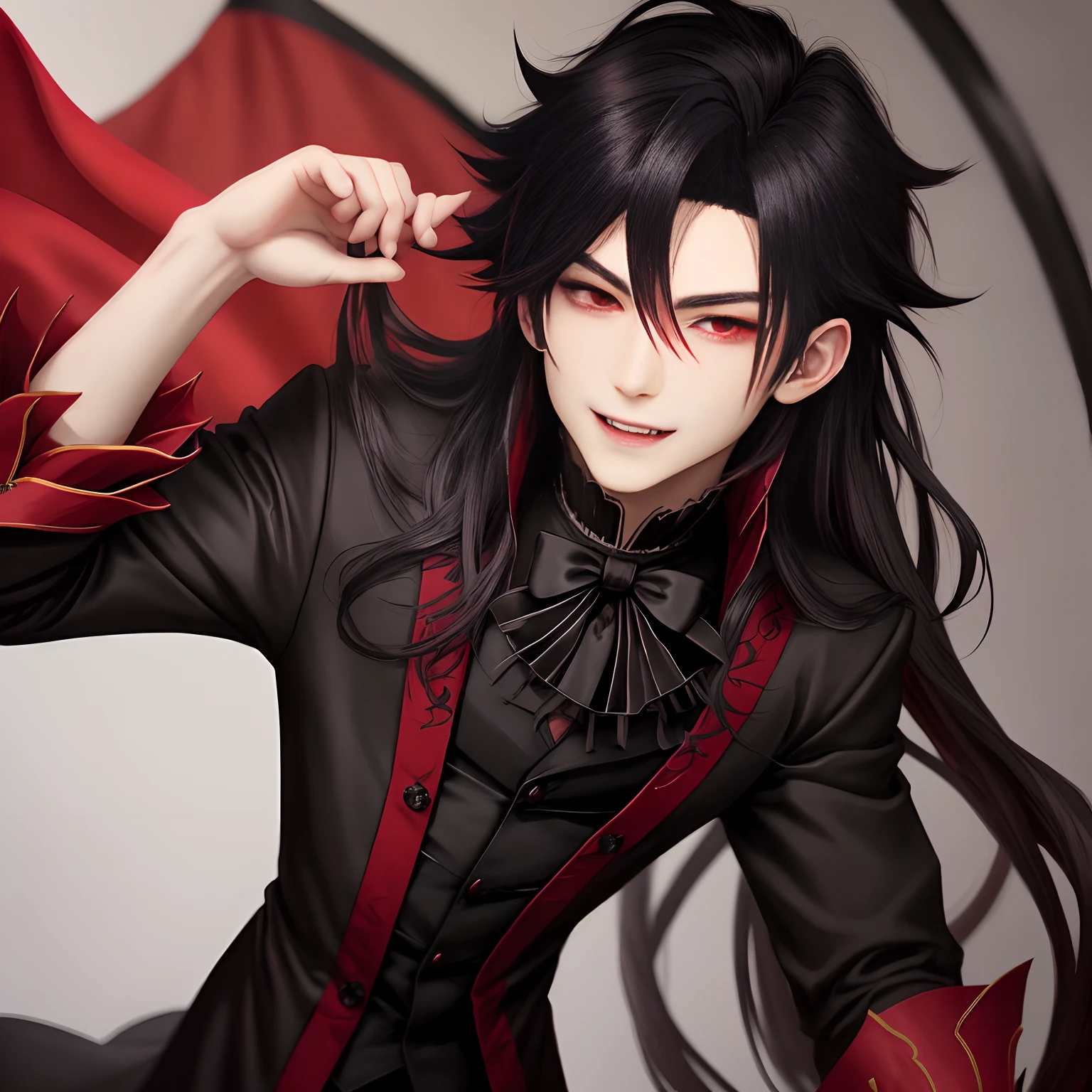 young anime boy with medium length black and red streaked hair small vampire fangs wearing dark princely clothes