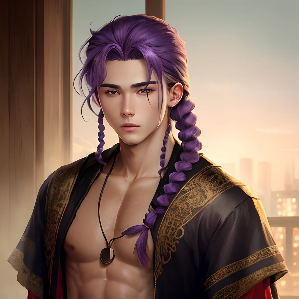 Long braided Purple hair male tan skin with red dragon eyes
