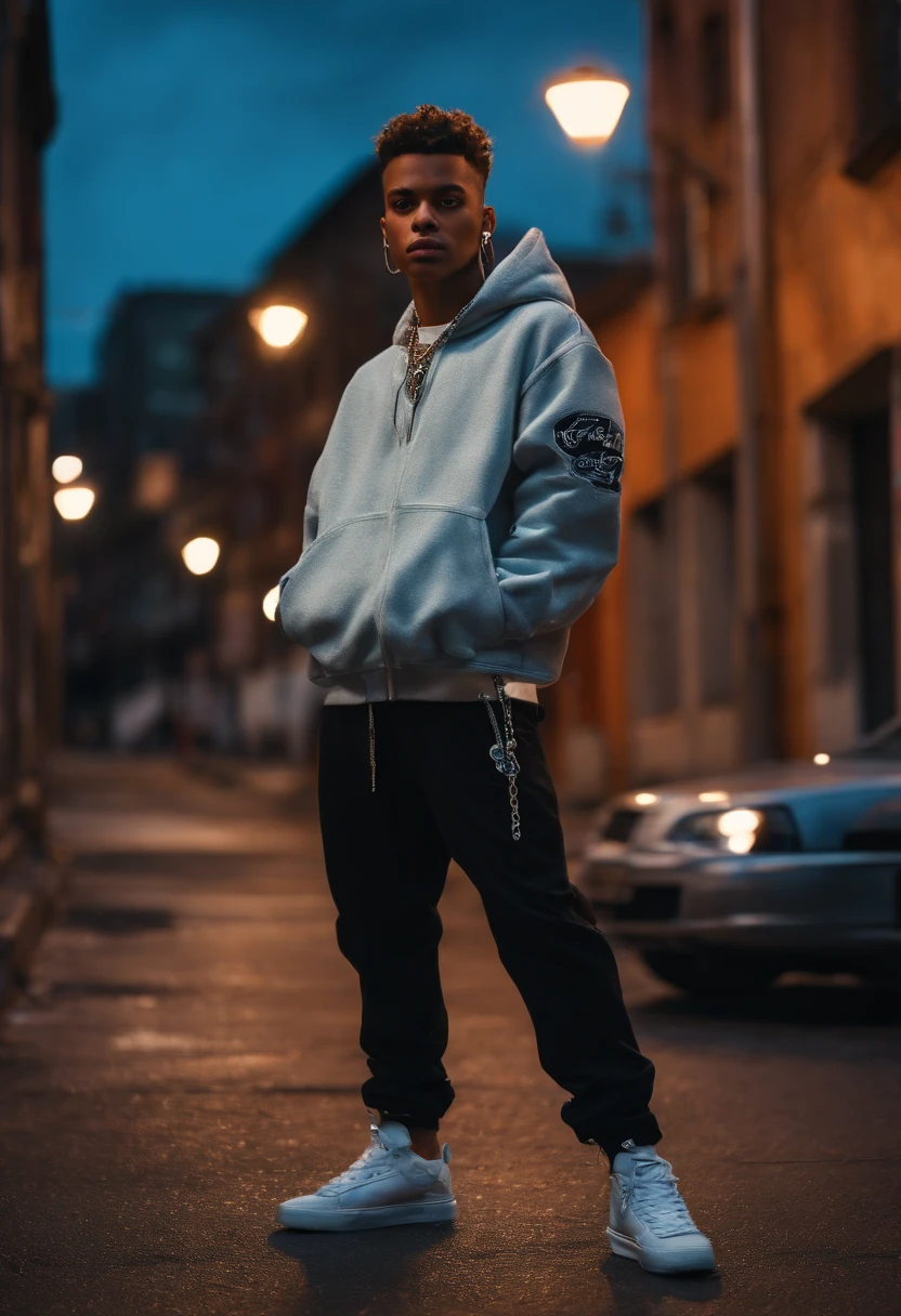 (best quality,4k,8k,highres,masterpiece:1.2),ultra-detailed,(realistic,photorealistic,photo-realistic:1.37), Teenager Titus, Gangster, 2000’s Modern Age Teenager, Wearing Streetwear Fashion Chrome Hearts, edgy, urban environment, neon lights, vibrant colors, intense shadows, confident expression, sleek hairstyle, detailed facial features, intense gaze, baggy jeans, oversized hoodie, graffiti-covered walls, spray cans, stylish sneakers, silver chains, street art, smoke effects.