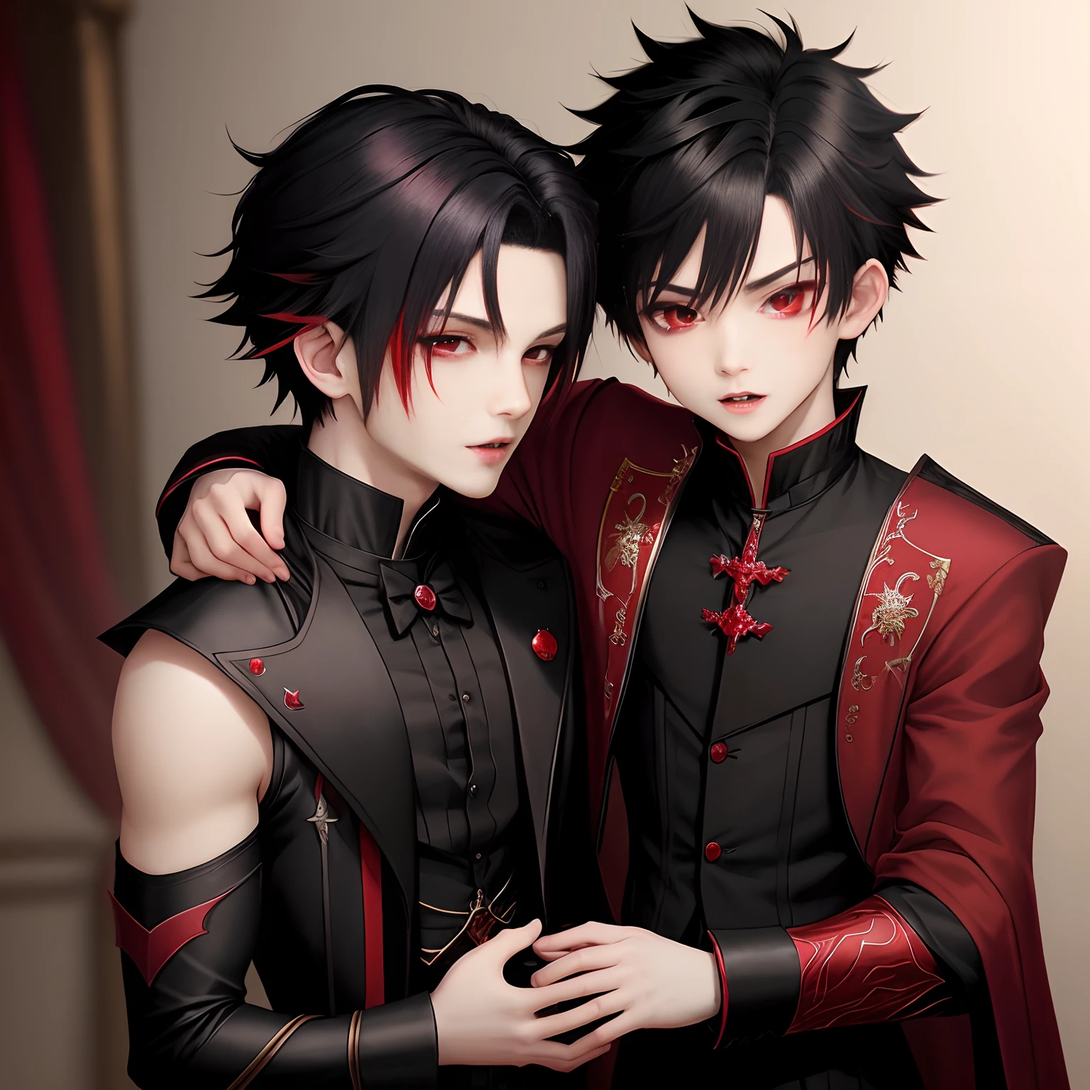 young anime boy with short length black and red streaked hair small vampire fangs wearing dark princely clothes