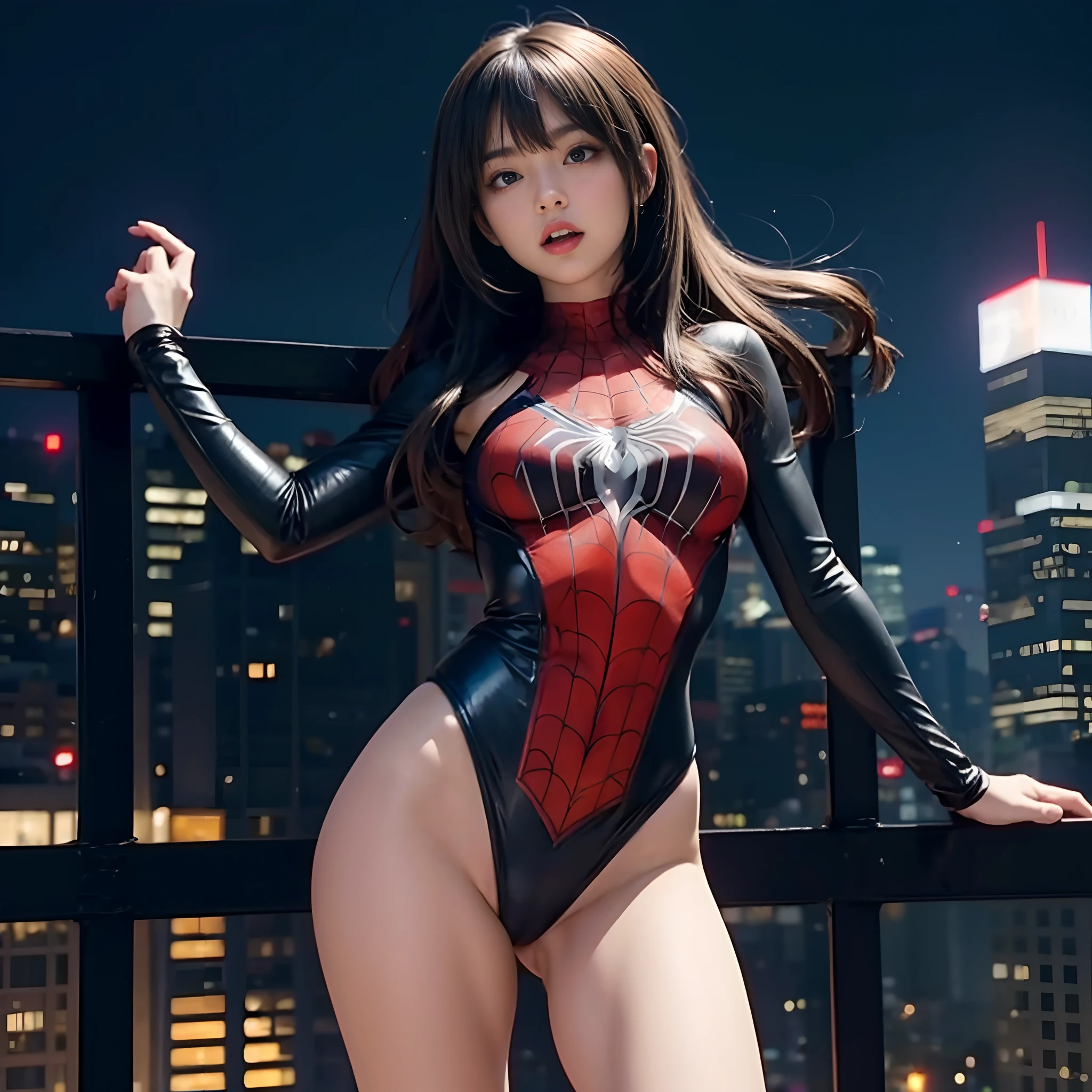 1girll,Woman in Spider-Man Costume Leotard,Beautiful woman like a goddess,Open your mouth a little.I'm staring at you,A dark-haired,Long hair fluttering in the wind,Spider-Man Cosplay Leotard,Thin material with a very good fit,Meticulously painted leotards,highleg,Active Poses and Angles,Gotham City at night with the backdrop.High quality,tre anatomically correct,Accurate Depiction Fingers,