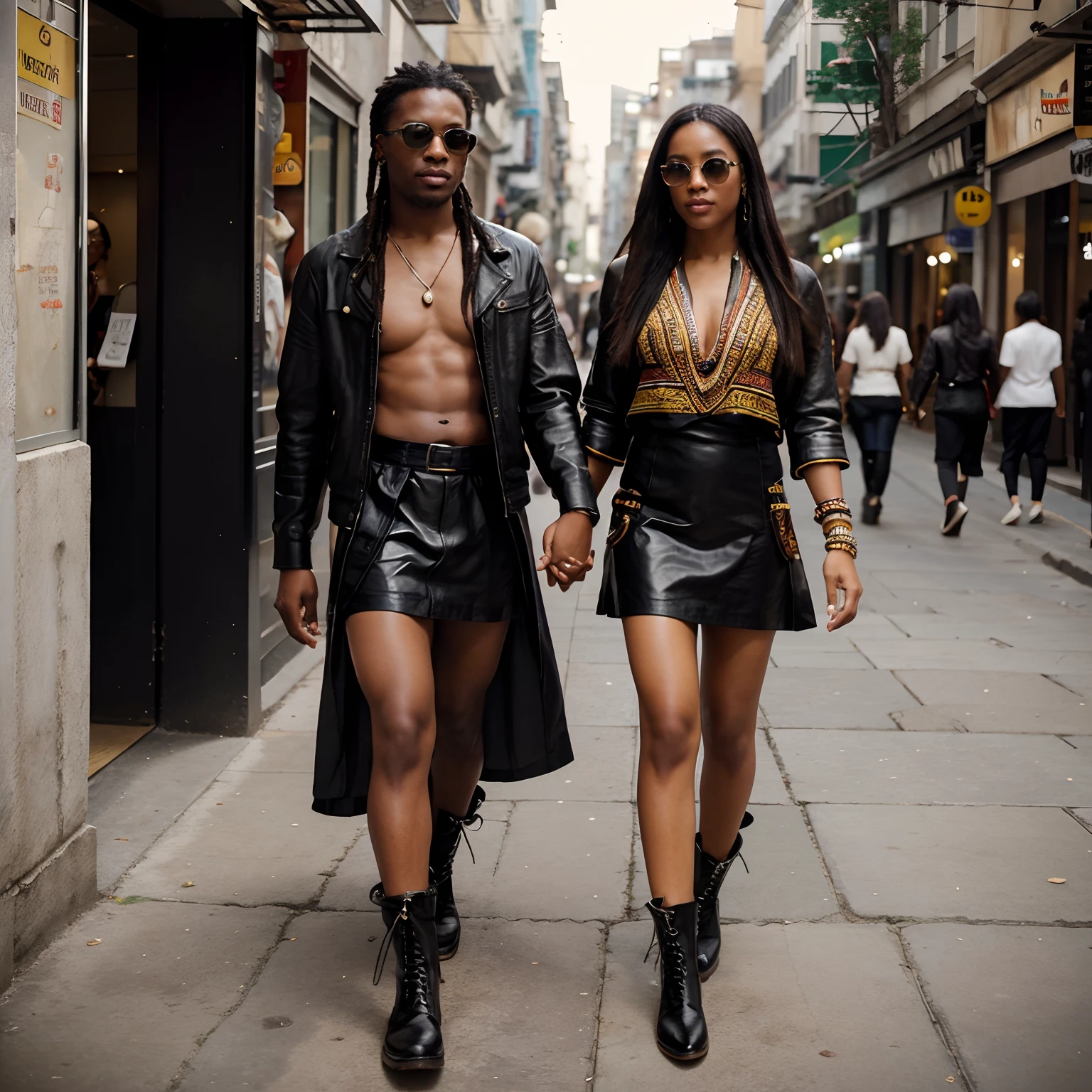 A couple holding hands in random worldwide couples dating locations. The man is a handsome dreadlock black man wearing sunglasses, a dashiki, leather utility kilt and black leather five-finger toe shoe boots. The woman is a gorgeously fit and athletically toned Vietnamese woman wearing a matching DKNY dress and custom BOOTS . photorealistic and different angle or pose. image by Fran Leibovitz. The focal points are the black leather five-finger shoe boots and outfits. The color of the dashiki, leather kilt and DKNY is randomly chosen and matching.