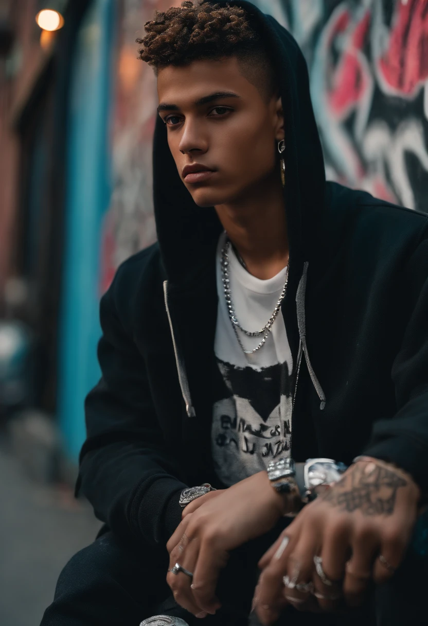 (best quality,4k,8k,highres,masterpiece:1.2),ultra-detailed,(realistic,photorealistic,photo-realistic:1.37), ager Titus, Gangster, 2000’s Modern Age Teen, Wearing Streetwear Fashion Chrome Hearts, edgy, urban environment, neon lights, vibrant colors, intense shadows, confident expression, sleek hairstyle, detailed facial features, intense gaze, baggy jeans, oversized hoodie, graffiti-covered walls, spray cans, stylish sneakers, silver chains, street art, smoke effects.