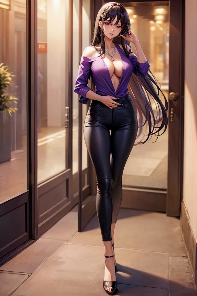 1girl, necklace, long_hair, jewelry, breasts, rating:explicIt, cleavage, high_heels, standing, hand_on_hip, bangs, large_breasts, there is a woman that is standing in a hallway with a purple shirt, wearing tight simple clothes, casual pose, realistic shaded perfect body, tight outfit, standing elegant pose, wearing elegant casual clothes, realistic anime 3 d style, realistic artstyle, casual business outfit, photorealistic perfect body, wearing casual clothes, casual clothes, elegant girl in urban outfit
