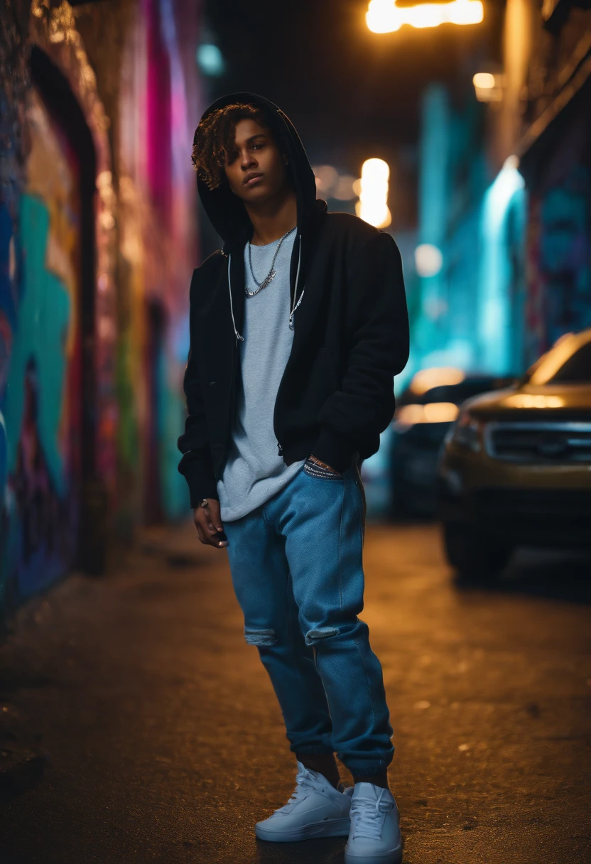 (best quality,4k,8k,highres,masterpiece:1.2),ultra-detailed,(realistic,photorealistic,photo-realistic:1.37), ager Titus, Gangster, 2000’s Modern Age Teen, Wearing Streetwear Fashion Chrome Hearts, edgy, urban environment, neon lights, vibrant colors, intense shadows, confident expression, sleek hairstyle, detailed facial features, intense gaze, baggy jeans, oversized hoodie, graffiti-covered walls, spray cans, stylish sneakers, silver chains, street art, smoke effects.