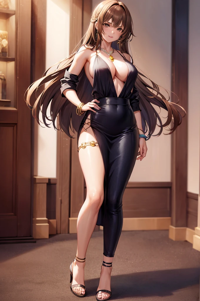 1girl, necklace, long_hair, jewelry, breasts, rating:explicIt, cleavage, high_heels, indoors, looking_at_viewer, standing, hand_on_hip, sandals, bangs, large_breasts, solo, bracelet, collarbone, nail_polish, full_body, toenail_polish, toes, skirt, pendant, long_sleeves, eyebrows_visible_through_hair, shiny, blush, brown_hair, lips, open_toe_shoes, fingernails, legs, smile, shiny_hair