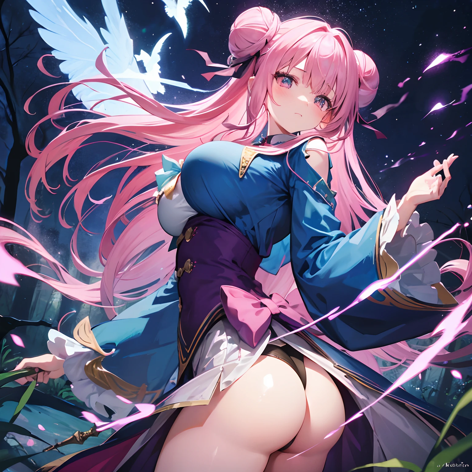 in the woods at night,flying though the air、attacking with magic,Show me your big ass,1 persons,ta Face,very large breast,Wizard's attire,holding a magic wand,Pink bun hair,A large ribbon in the hair,T-back,