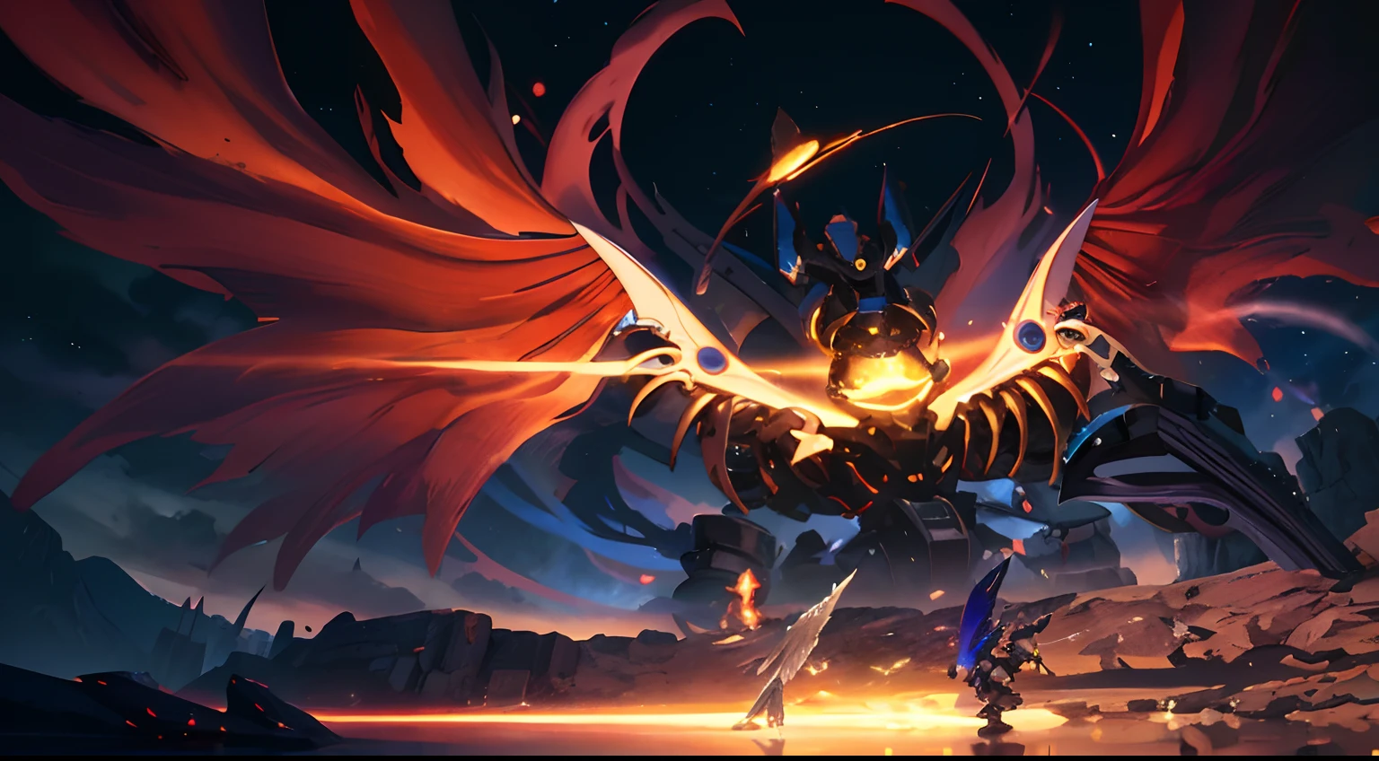 cena de anime de uma mulher com asas e uma bola de fogo, asas mecha, cosmic horror entity with wings, Asa Ciborgue, grandes asas brancas brilhantes, ffxiv heavensward, Rayman Legends Chefe, mechanical wings, Cinematic Broken Sky, Albedo do anime Overlord, Screenshot de Kingdom Hearts 3, Captura de tela do videogame, futuristic robot angel