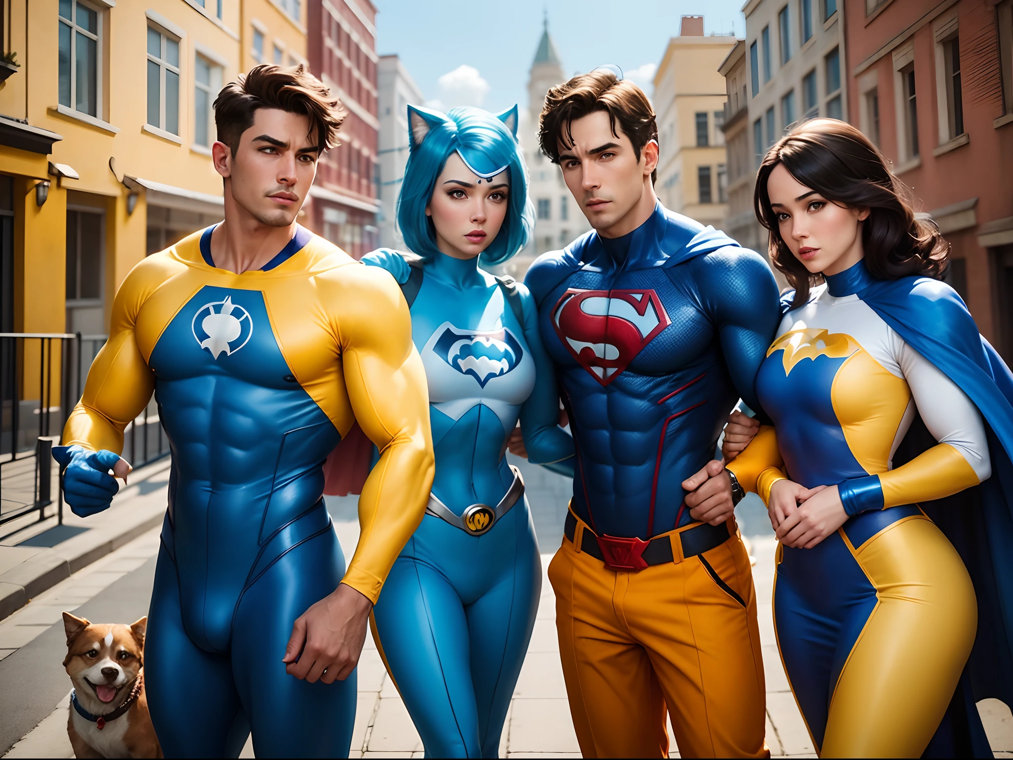 Estilo Pixar, Photo with a large blue and yellow building on written background "Prontodog" in front of the building. Create a party of 6 male and female veterinarians dressed as superheroes with capes, todos com roupas diferentes, Focus on people and building in the background, Place dogs and cats as superhero pets.