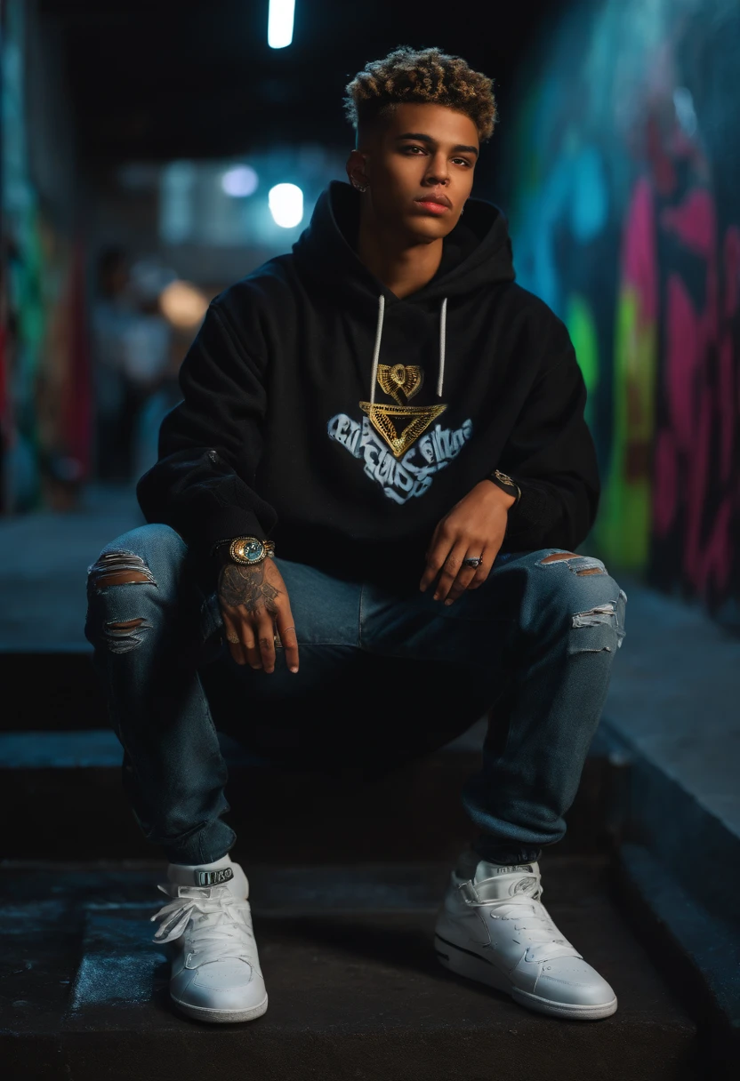 (best quality,4k,8k,highres,masterpiece:1.2),ultra-detailed,(realistic,photorealistic,photo-realistic:1.37), Teenager Titus, Gangster, 2000’s Modern Age Teenager, Wearing Streetwear Fashion Chrome Hearts, edgy, urban environment, neon lights, vibrant colors, intense shadows, confident expression, sleek hairstyle, detailed facial features, intense gaze, baggy jeans, oversized hoodie, graffiti-covered walls, spray cans, stylish sneakers, silver chains, street art, smoke effects.