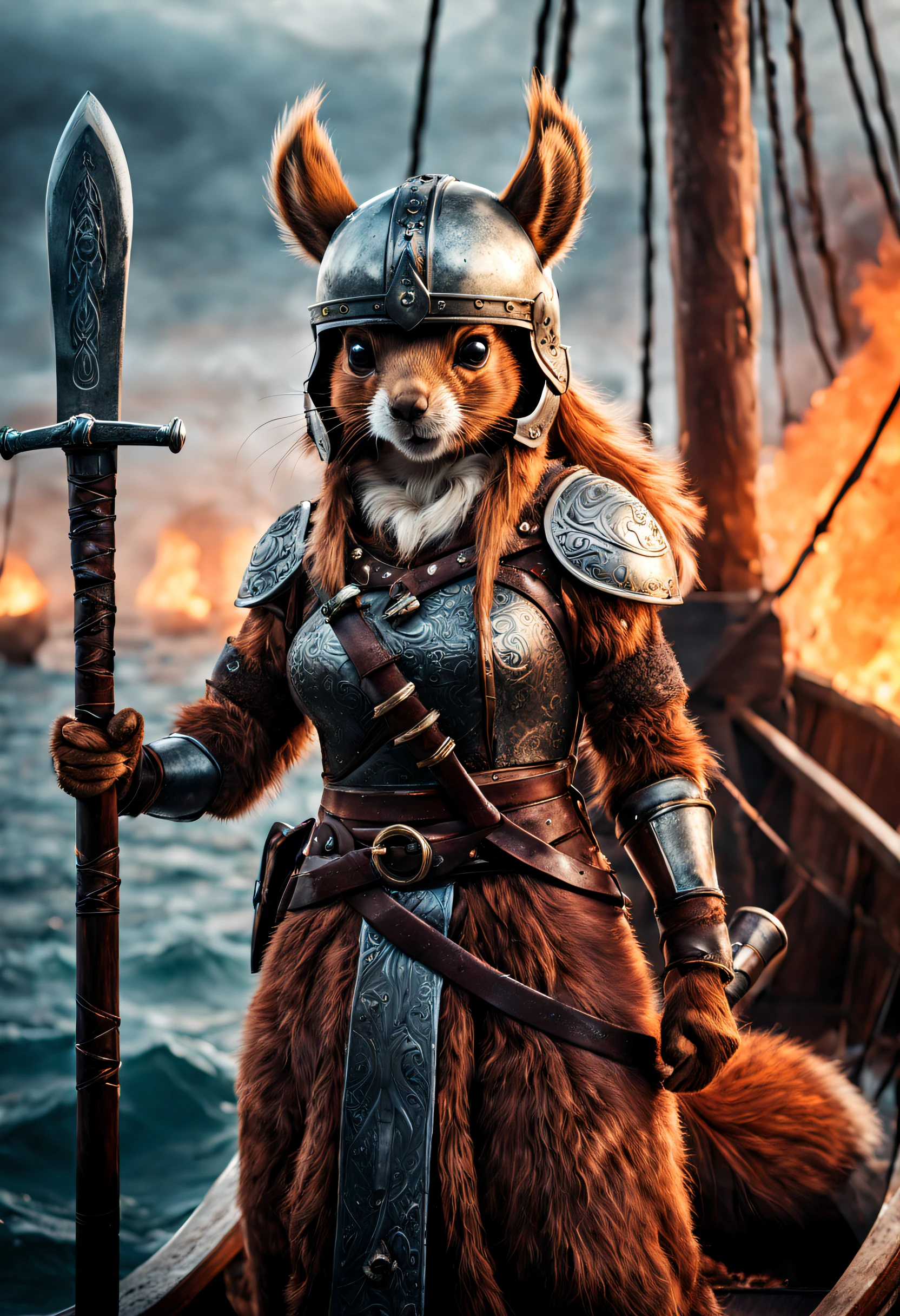 epic  closeup of an angry anthro female  squirrel, fluffy full body fur  wearing viking  helmet and outfit, standing a on a viking ship holding a viking sword with glowing runes , fire , smoke, stormy sea, shallow depth of field, vignette, highly detailed, high budget, bokeh, cinemascope, moody, epic, gorgeous, film grain, grainy, high quality photography, 3 point lighting, flash with softbox, 4k, Canon EOS R3, hdr, smooth, sharp focus, high resolution, award winning photo, 80mm, f2.8, bokeh