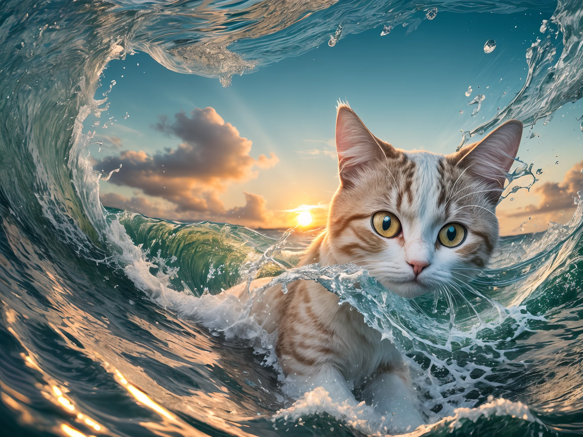 "Wave in the shape of a cat, WATER CAT, ultra-realistic, Sunset, 4k, 8k, Water splashes, Birds flying, Blue sky, water spirals, -- 9:16" --auto --s2