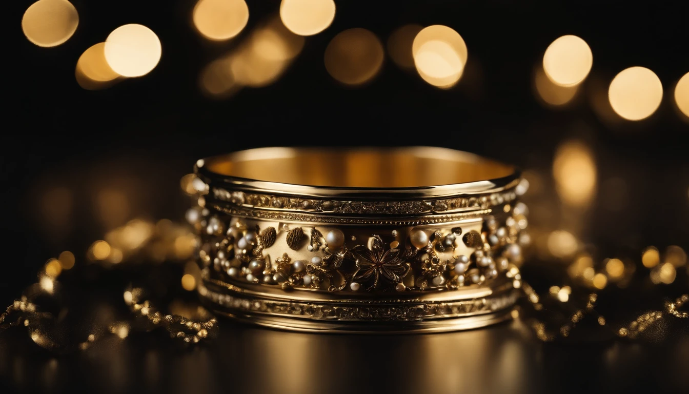 A luxurious black background embellished with gold ornaments and twinkling lights, exuding elegance and sophistication.