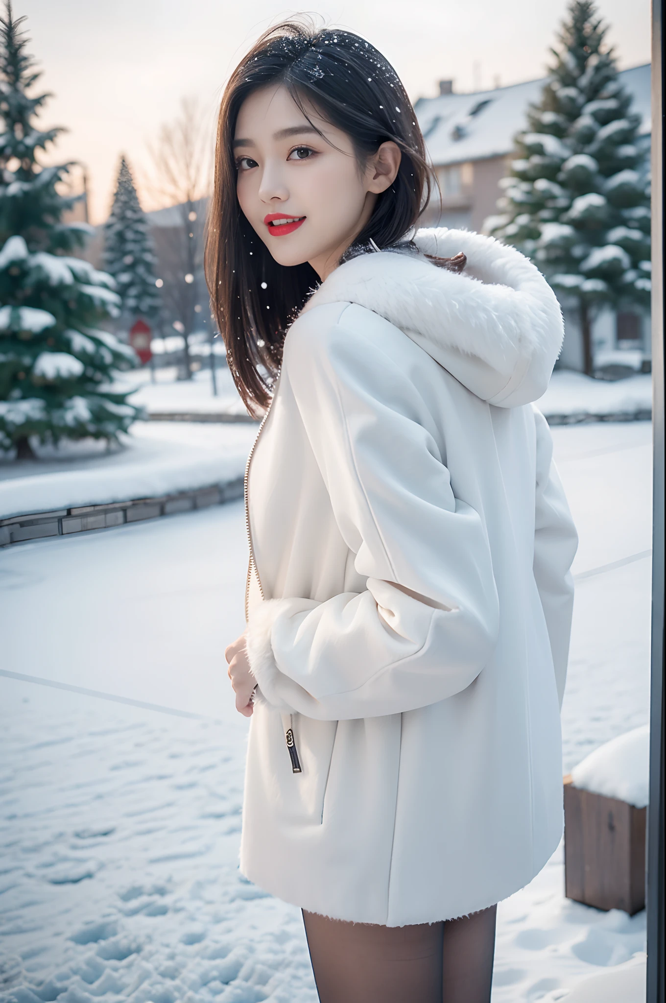 best quality, 4k, 8k, Detailed face, clear face, a pretty girl, Korean makeup, Red lips,laugh, perfect body,shoulder length straight bob hair,big watery eyes,small breasts,thigh,slim,thin, The girl wears a wide white mink fur jacket, Underneath the jacket was White high neck sweater and pantyhose, Snowscape, winter, snow town,from back