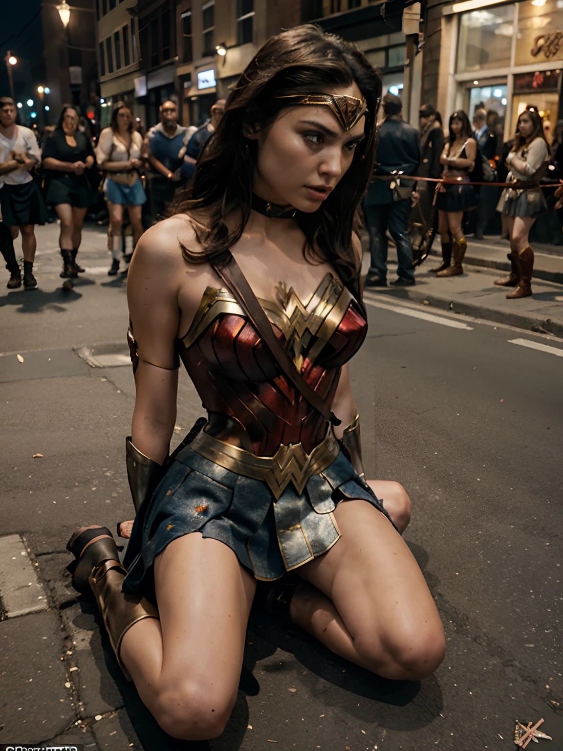 Wonder Woman (on knee on ground in the street), handcuff, spread leg, tied by thugs, (crowded street), (crowd in background watching:1.2), tied, bound, (Wonder Woman with skirt:1.3), (Restrained:1.5), BDSM, (two man tied her up:1.2), (bird view angle) , (dress up) , unnaked, (ropes all over body), (eyes up), head low, (angry eyebrow), collar with leash.