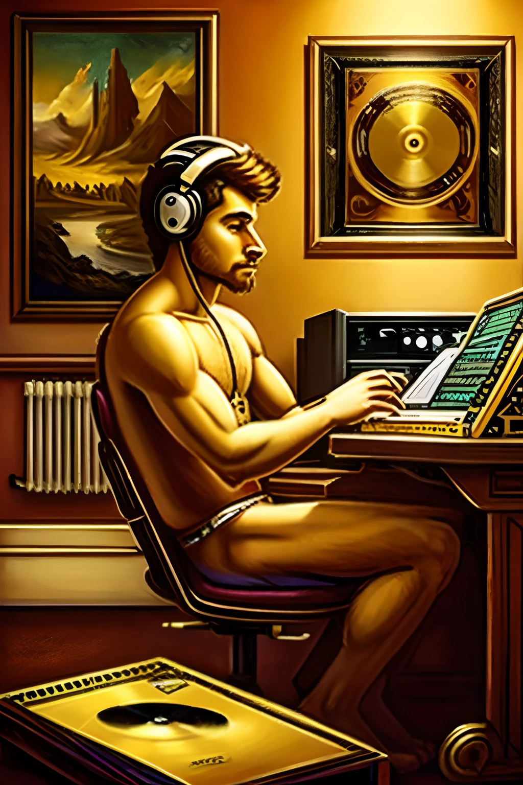 man in front of the computer producing music, and on the wall of the room a painting with a gold record