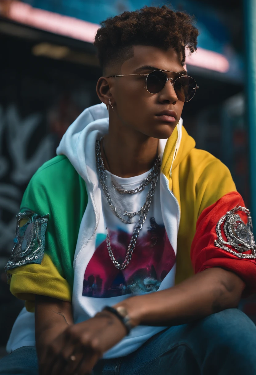 (best quality,4k,8k,highres,masterpiece:1.2),ultra-detailed,(realistic,photorealistic,photo-realistic:1.37), Teenager Titus, Gangster, 2000’s Modern Age Teenager, Wearing Streetwear Fashion Chrome Hearts, edgy, urban environment, neon lights, vibrant colors, intense shadows, confident expression, sleek hairstyle, detailed facial features, intense gaze, baggy jeans, oversized hoodie, graffiti-covered walls, spray cans, stylish sneakers, silver chains, street art, smoke effects.