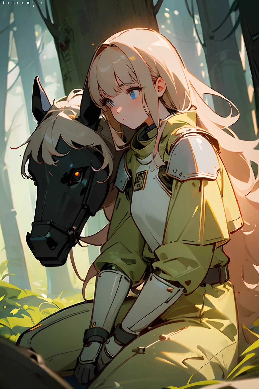 (((masterpiece))), (((best quality))), ((ultra-detailed)), (cinematic lighting), (illustration), (beautiful detailed eyes), (1girl), full body, space, knight, armour, light hair, sitting on robot horse, jumpsuit, forest,