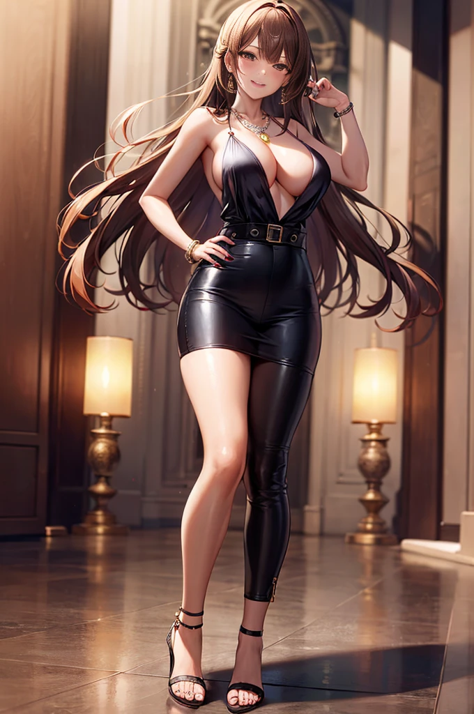 1girl, necklace, long_hair, jewelry, breasts, rating:explicIt, cleavage, high_heels, indoors, looking_at_viewer, standing, hand_on_hip, sandals, bangs, large_breasts, solo, bracelet, collarbone, nail_polish, full_body, toenail_polish, toes, skirt, pendant, long_sleeves, eyebrows_visible_through_hair, shiny, blush, brown_hair, lips, open_toe_shoes, fingernails, legs, smile, shiny_hair