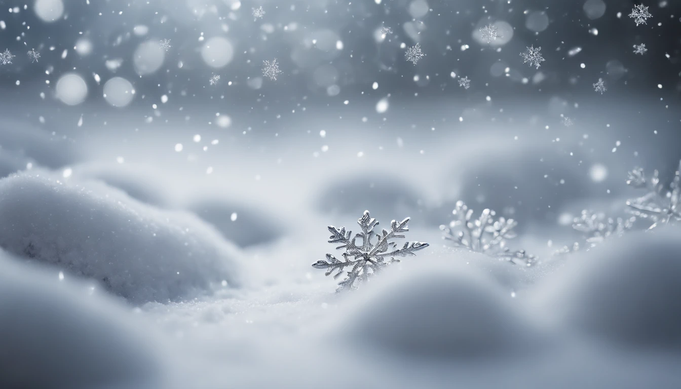 A snowy white background with delicate silver snowflakes gently falling, creating a serene and peaceful ambiance.