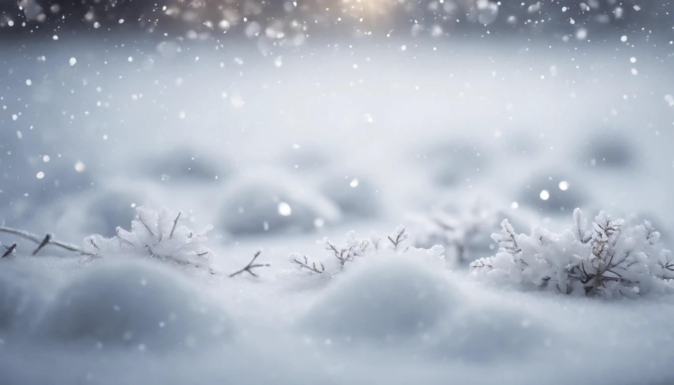 A snowy white background with delicate silver snowflakes gently falling, creating a serene and peaceful ambiance.