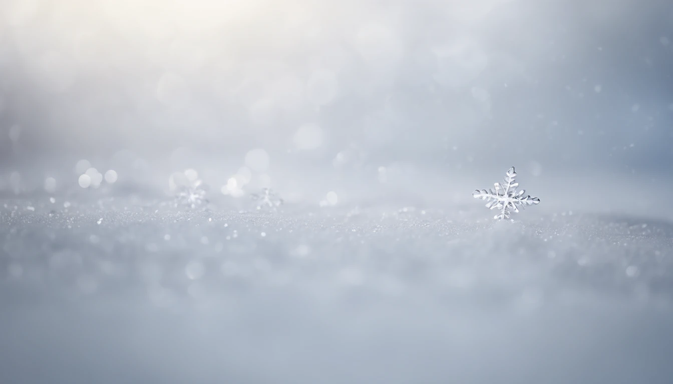 A snowy white background with delicate silver snowflakes gently falling, creating a serene and peaceful ambiance.