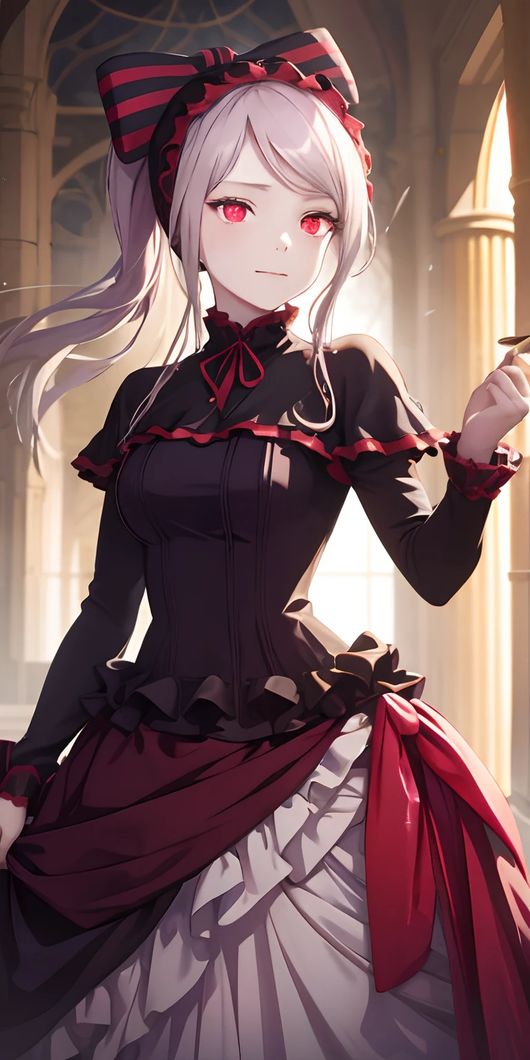 , best quality, ShalltearV4, 1girl, solo, dress, frills, bow, hair bow, fang, slight smile, pale skin, glowing, glowing eyes, portrait