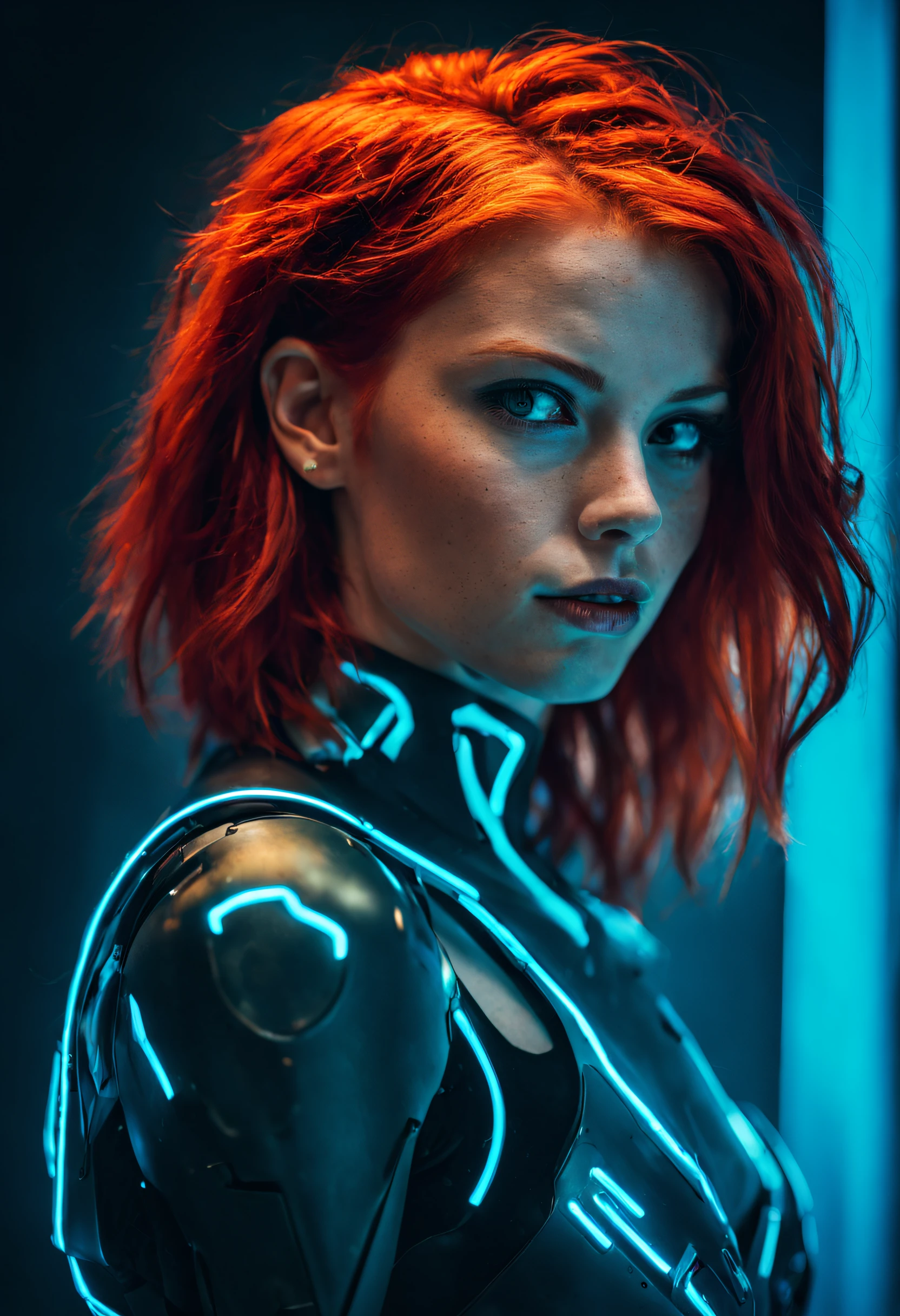 A Photograph capturing the essence of a young cyborg woman with fiery red hair. Her face fills the frame, bathed in neon hues, exuding determination and mystery amidst a futuristic backdrop., undefined