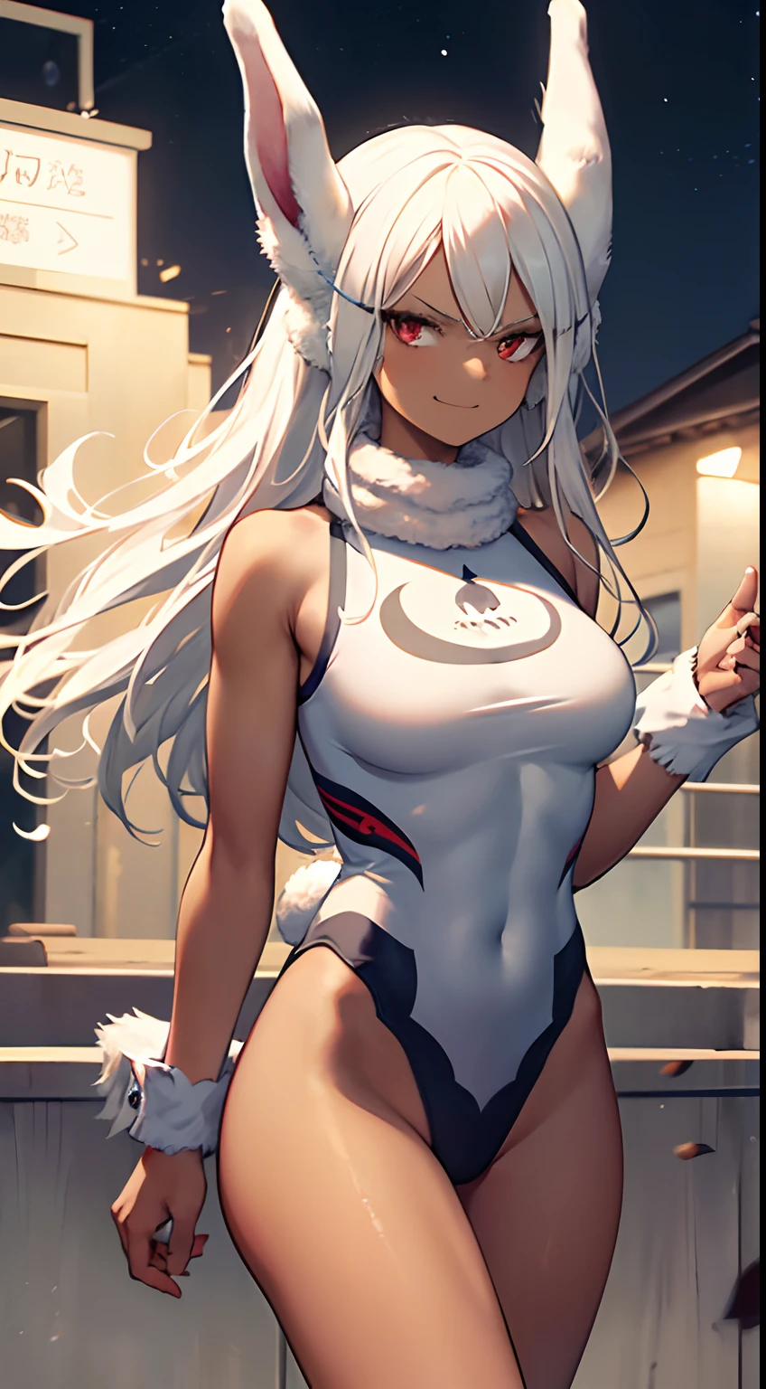 Masterpiece,masterpiece, top-quality, hight resolution, 1girl in, 独奏, white hair, The long-haired ,Long hair,straight haired, Rabbit ears ,((Rabbit ears )), ((Brown skin , darkskinned)),Brown skin,Hanging eyes,Glaring eyes,Scary smile,Invincible smile, Bullish smile, Tall,((White leotard clothes,sleeveless,Shoulder out,turtle neck)),White sleeveless,Beautiful facial features,dark sky,face forwards,Depiction of beautiful faces,((full bodyesbian,is standing,cowboy shot)),((Depiction of a rabbit from ears to feet)),full body Esbian,is standing,simple background,
